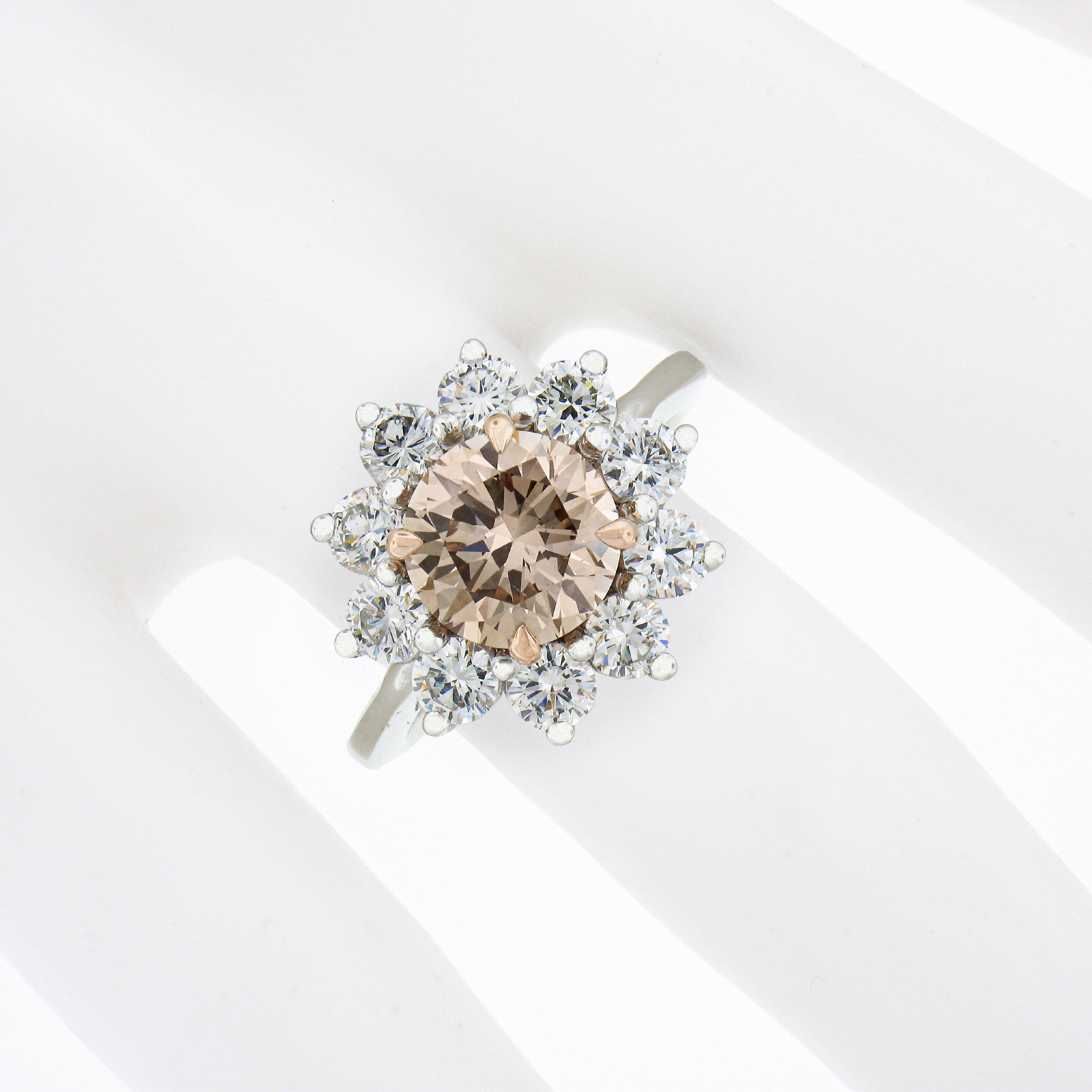 Brilliant Cut Platinum & 14k Gold Gia Fancy Light Brown Diamond Flower Halo Engagement Ring