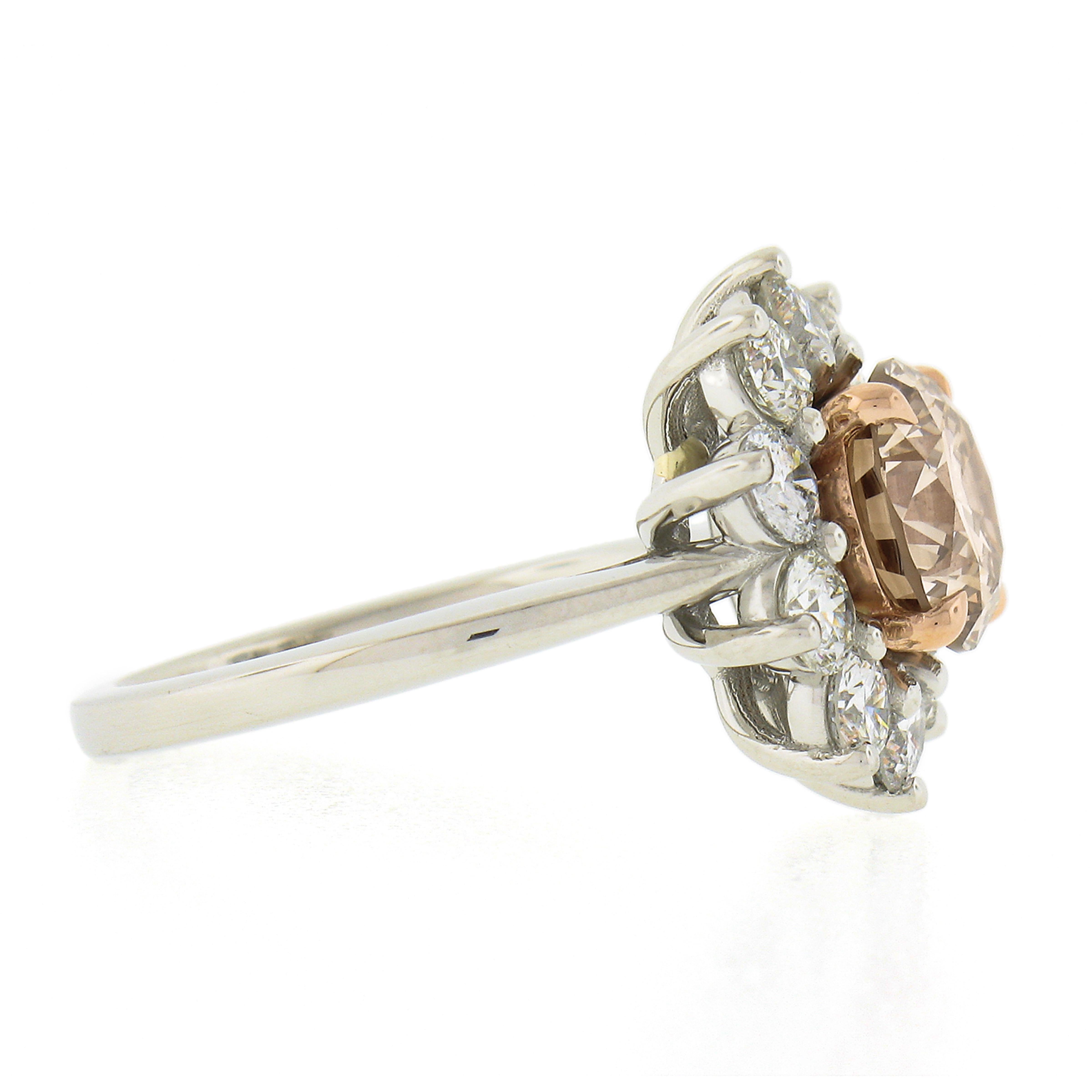 Platinum & 14k Gold Gia Fancy Light Brown Diamond Flower Halo Engagement Ring In New Condition In Montclair, NJ