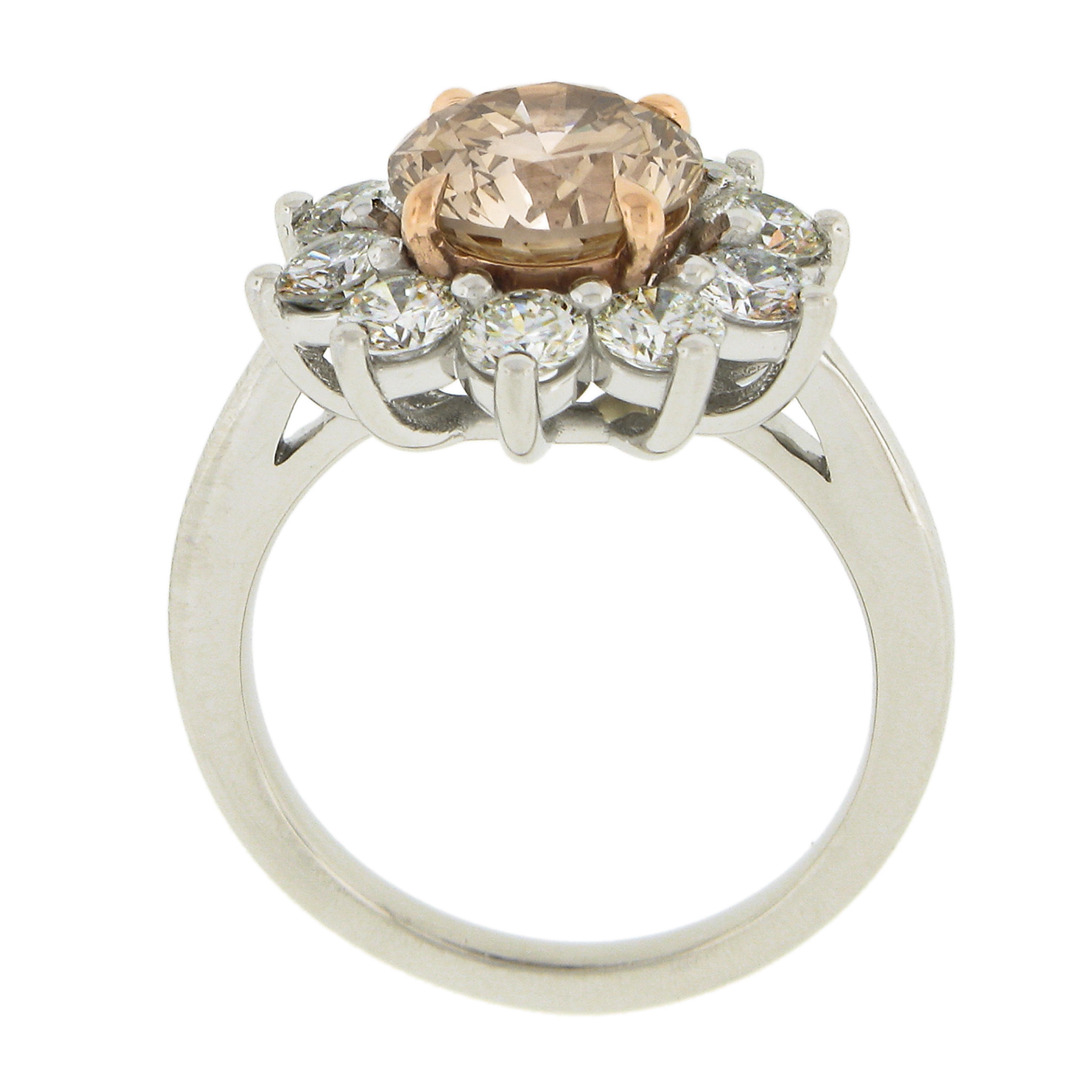 Platinum & 14k Gold Gia Fancy Light Brown Diamond Flower Halo Engagement Ring 2