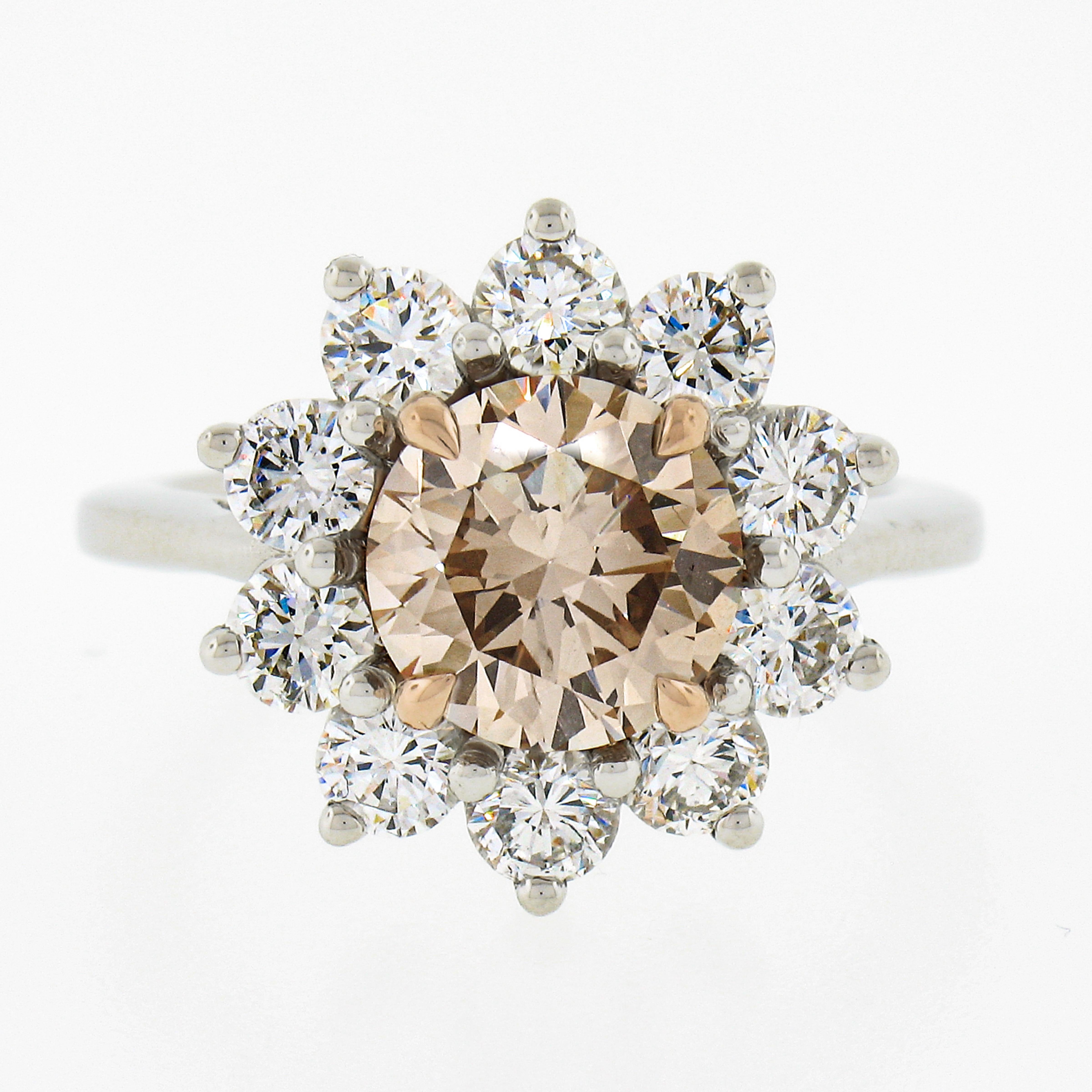 Platinum & 14k Gold Gia Fancy Light Brown Diamond Flower Halo Engagement Ring