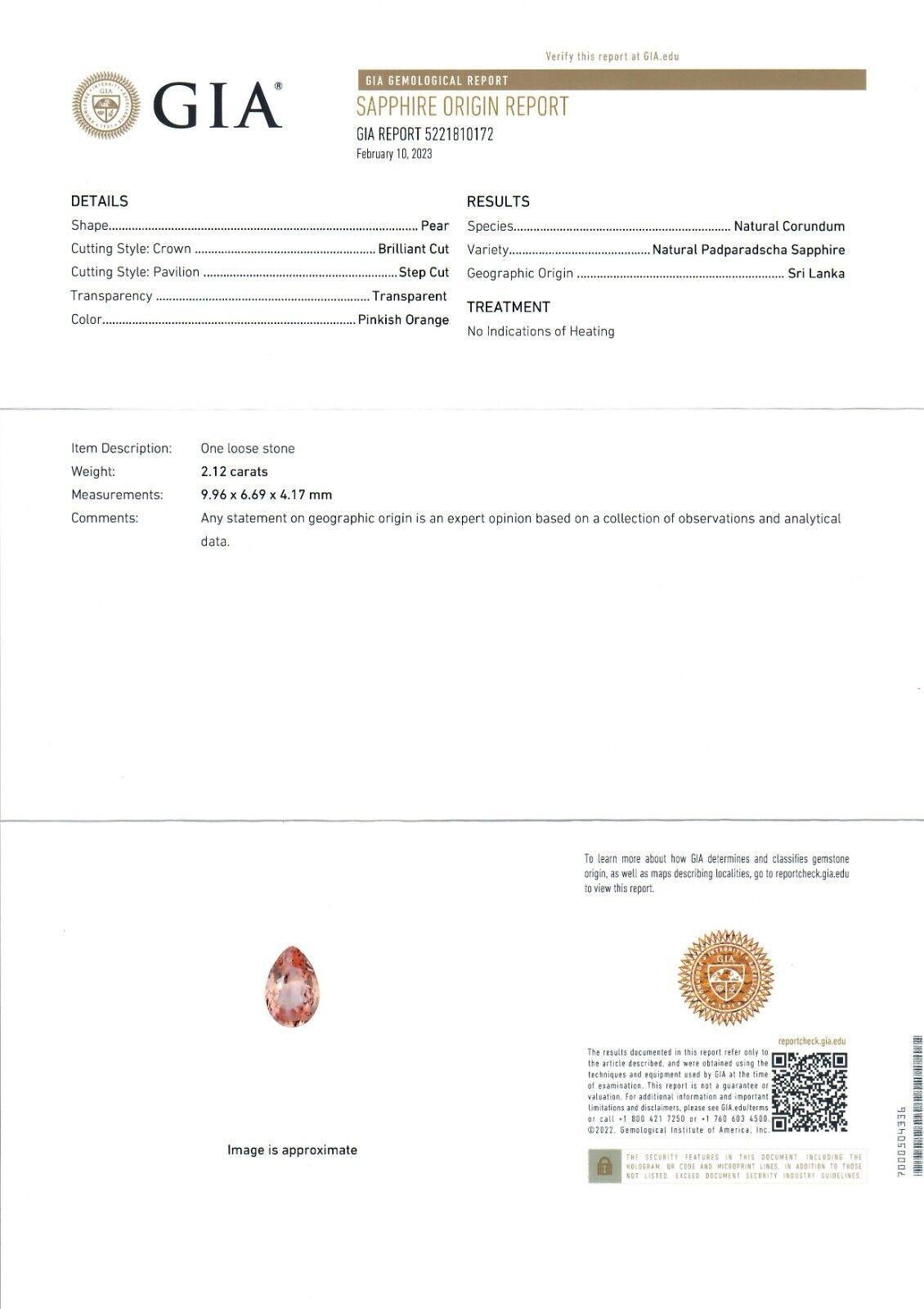 Platinum & 14k Gold GIA No Heat Pear Padparadscha Sapphire Diamond 3 Stone Ring 2