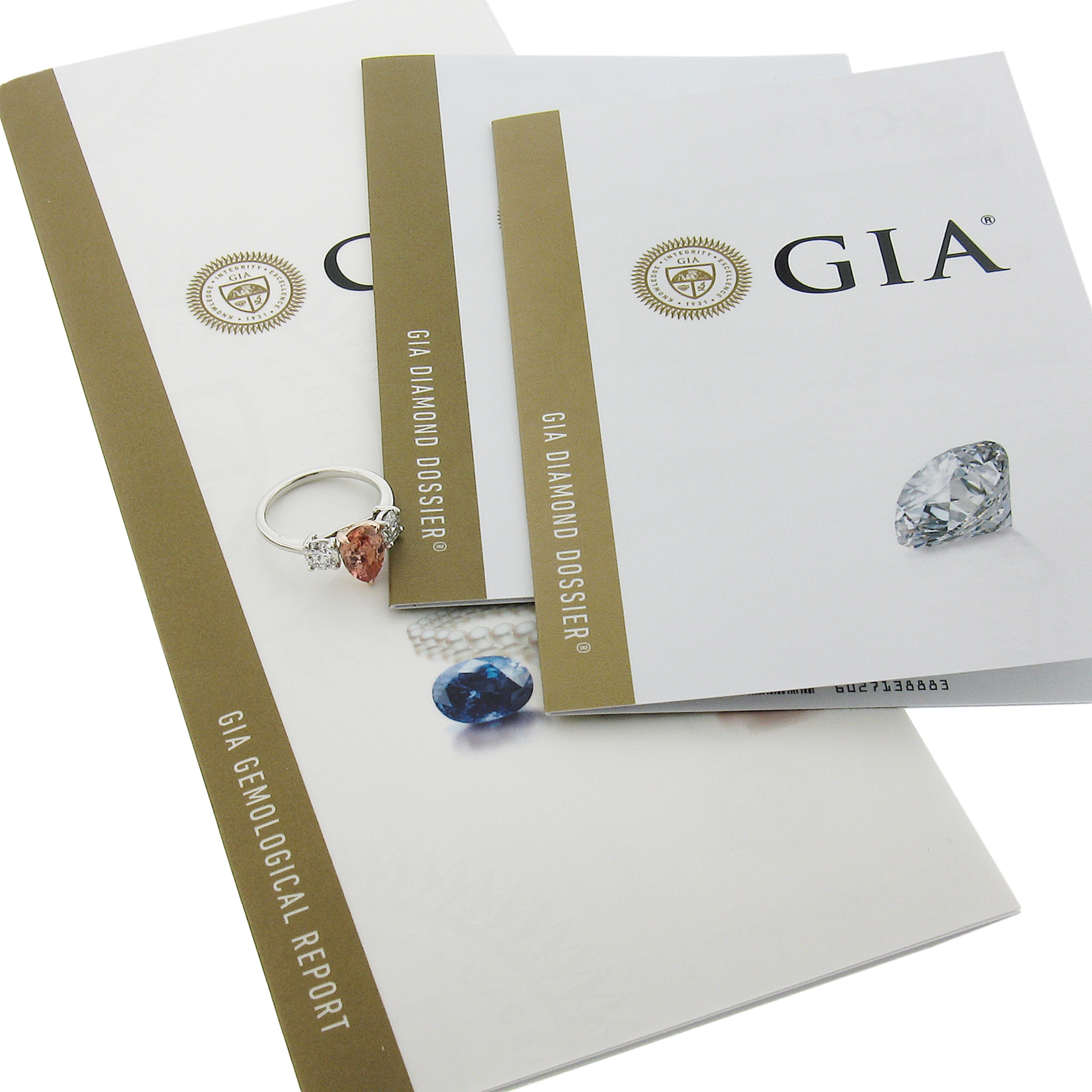 Platinum & 14k Gold GIA No Heat Pear Padparadscha Sapphire Diamond 3 Stone Ring 1
