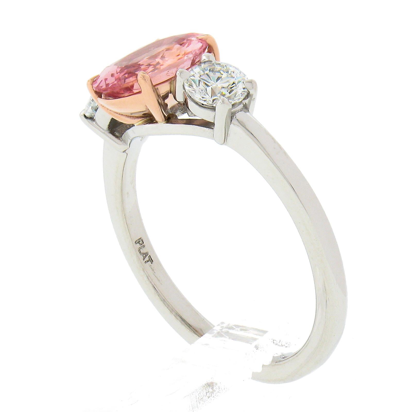 Platinum & 14K Gold GIA Padparadscha Sapphire & Diamond 3 Stone Engagement Ring For Sale 4