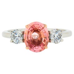 Bague de fiançailles 3 pierres en platine et or 14K GIA saphir Padparadscha et diamant