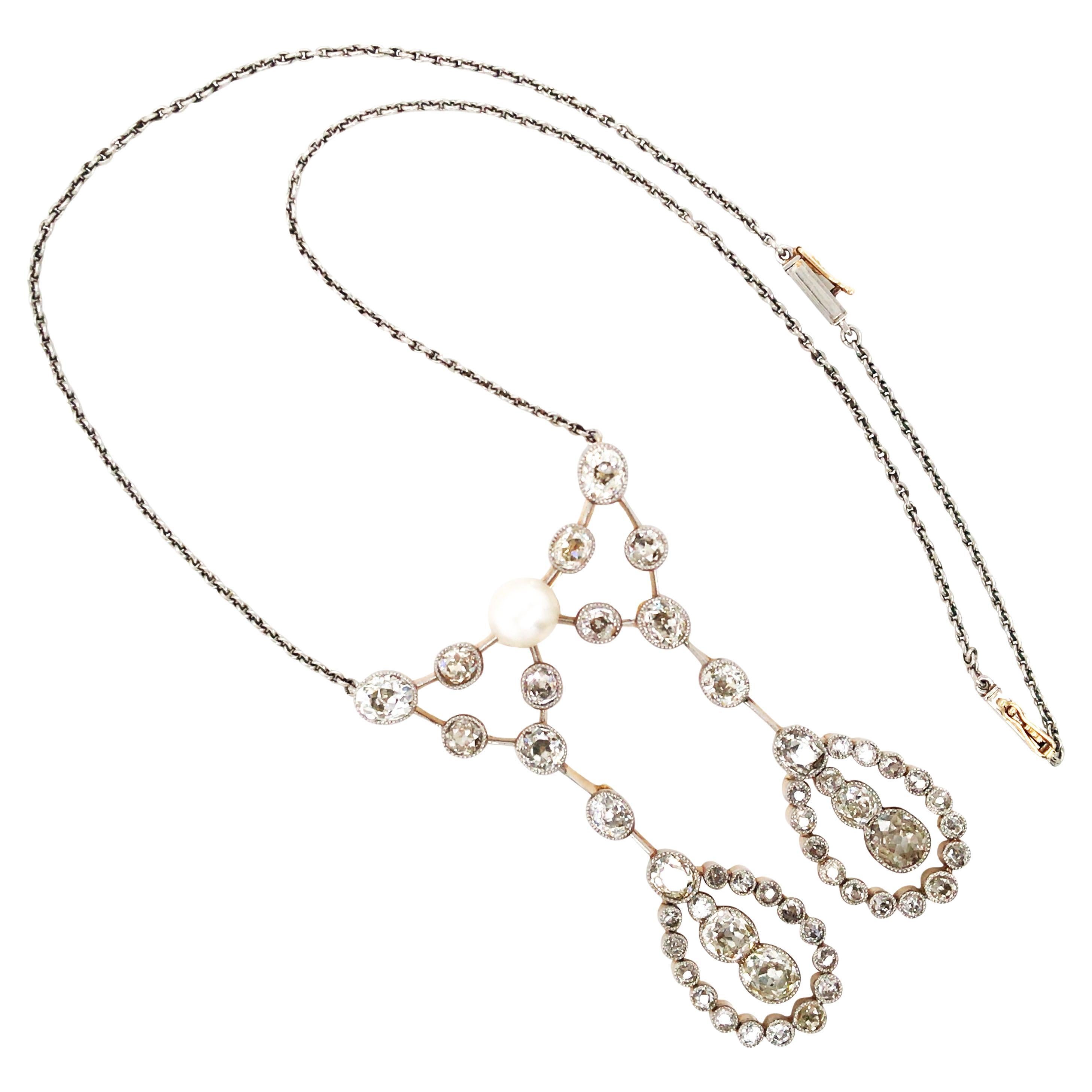 Halskette aus Platin, 14 Karat Gold, Perle und Diamant