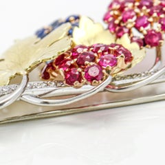 Platinum 14 Karat Gold Ruby Sapphire Diamond Branch with Leaves Brooch