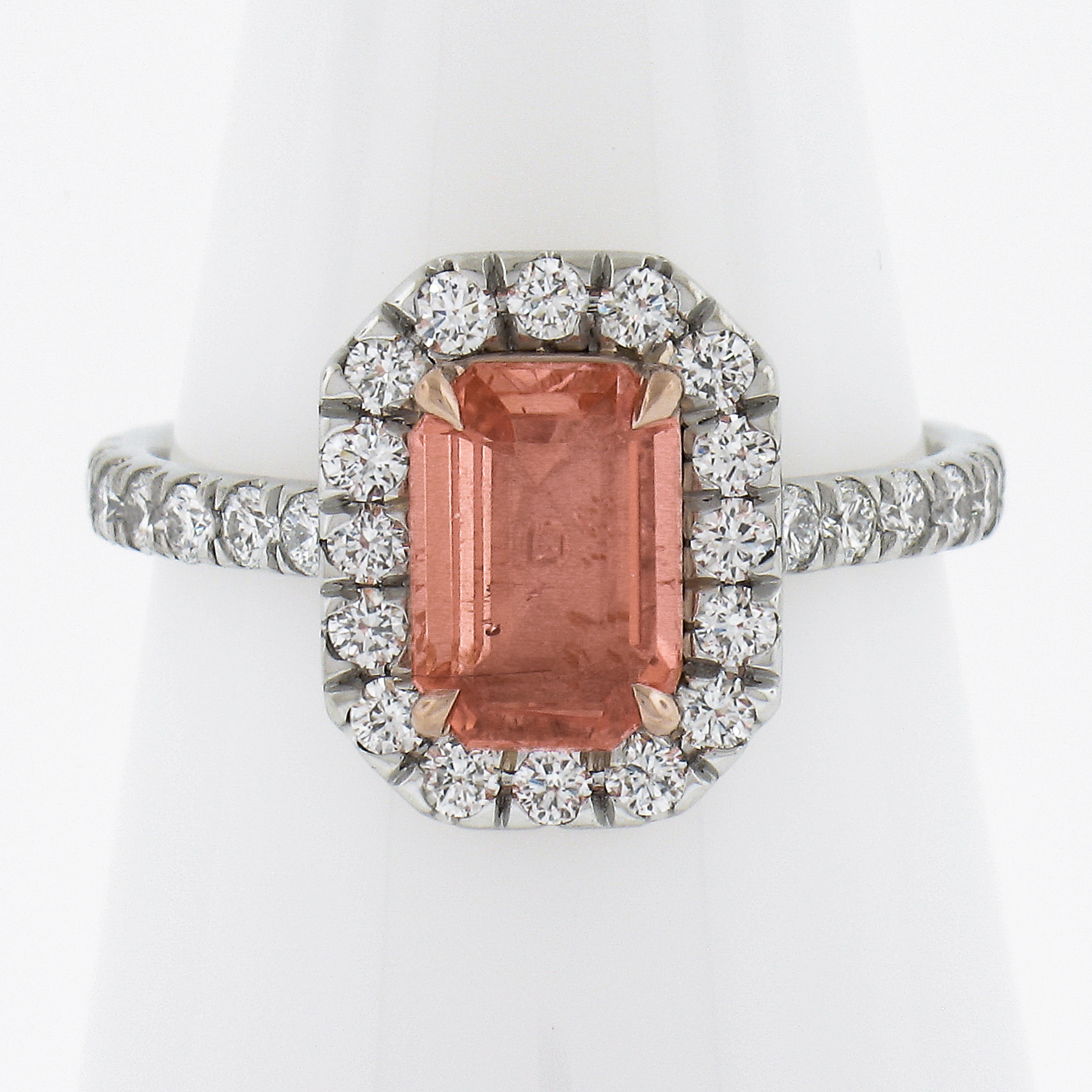 Octagon Cut Platinum & 14K Rose Gold 2.27ct GIA Orange Sapphire & Diamond Low Profile Ring For Sale