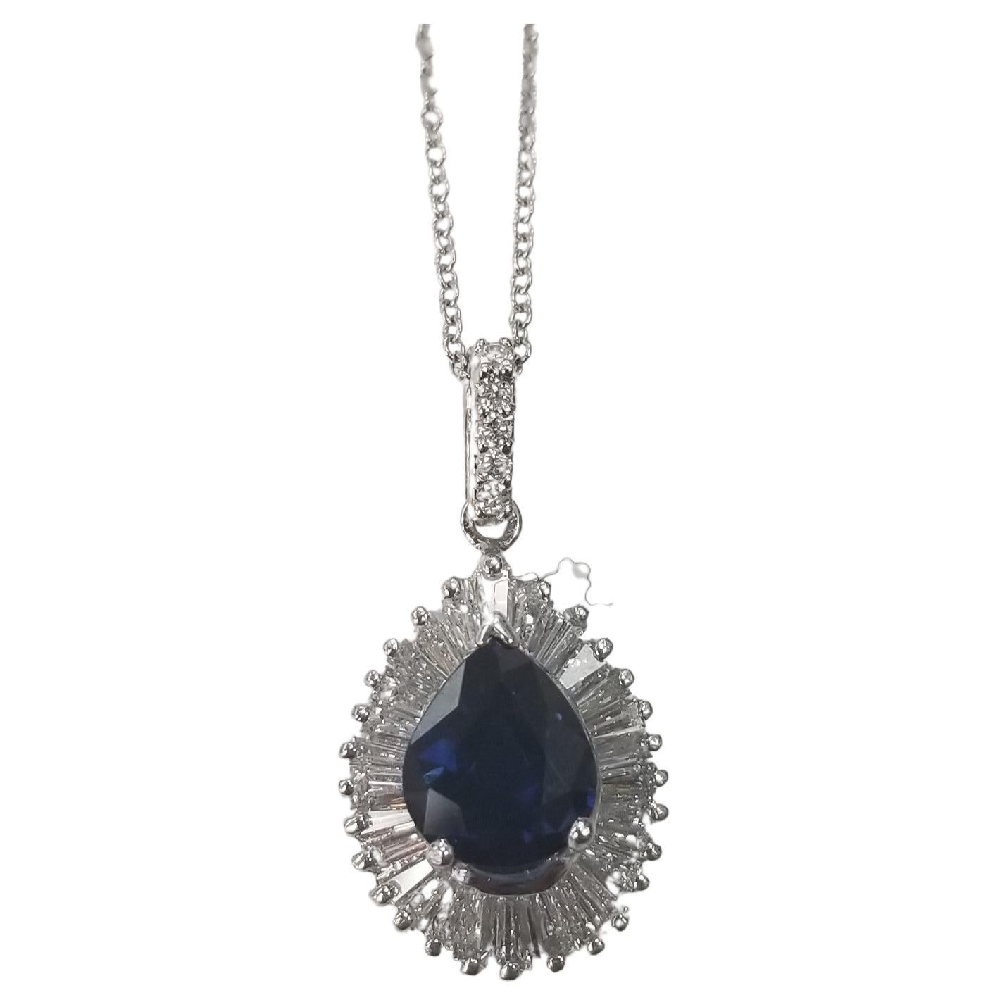 Platinum & 14k WG Blue Sapphire and "Ballerina" Baguette Diamond Necklace For Sale