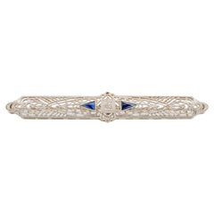 Platinum & 14K White Gold Antique Art Deco Filigree Diamond Sapphires Brooch