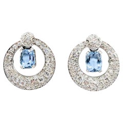 Boucles d'oreilles pendantes aigue-marine et diamant en platine et or blanc 14k