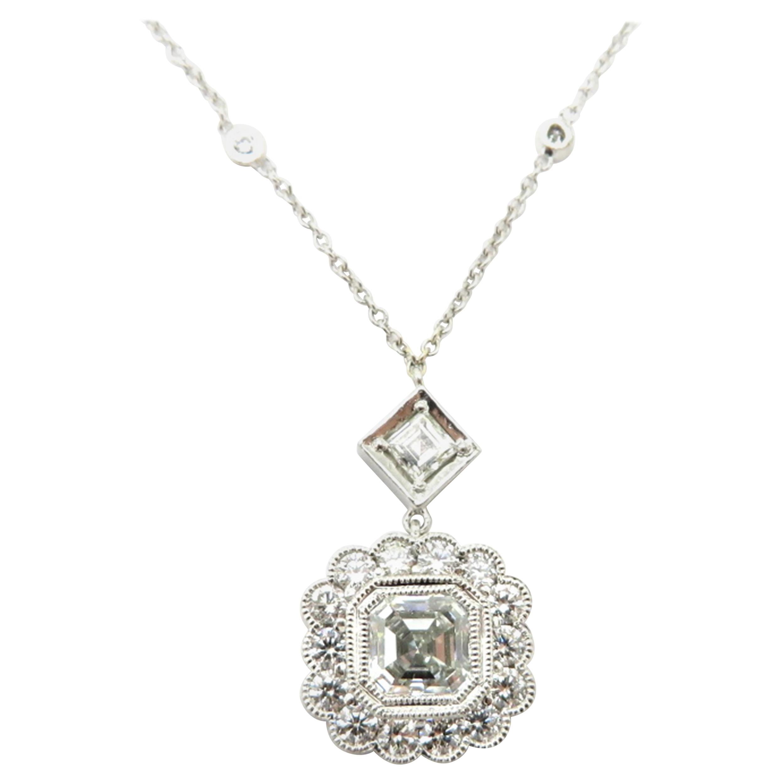 Collier pendentif Asscher en platine et or blanc 14 carats avec diamants ronds et diamants certifiés GIA
