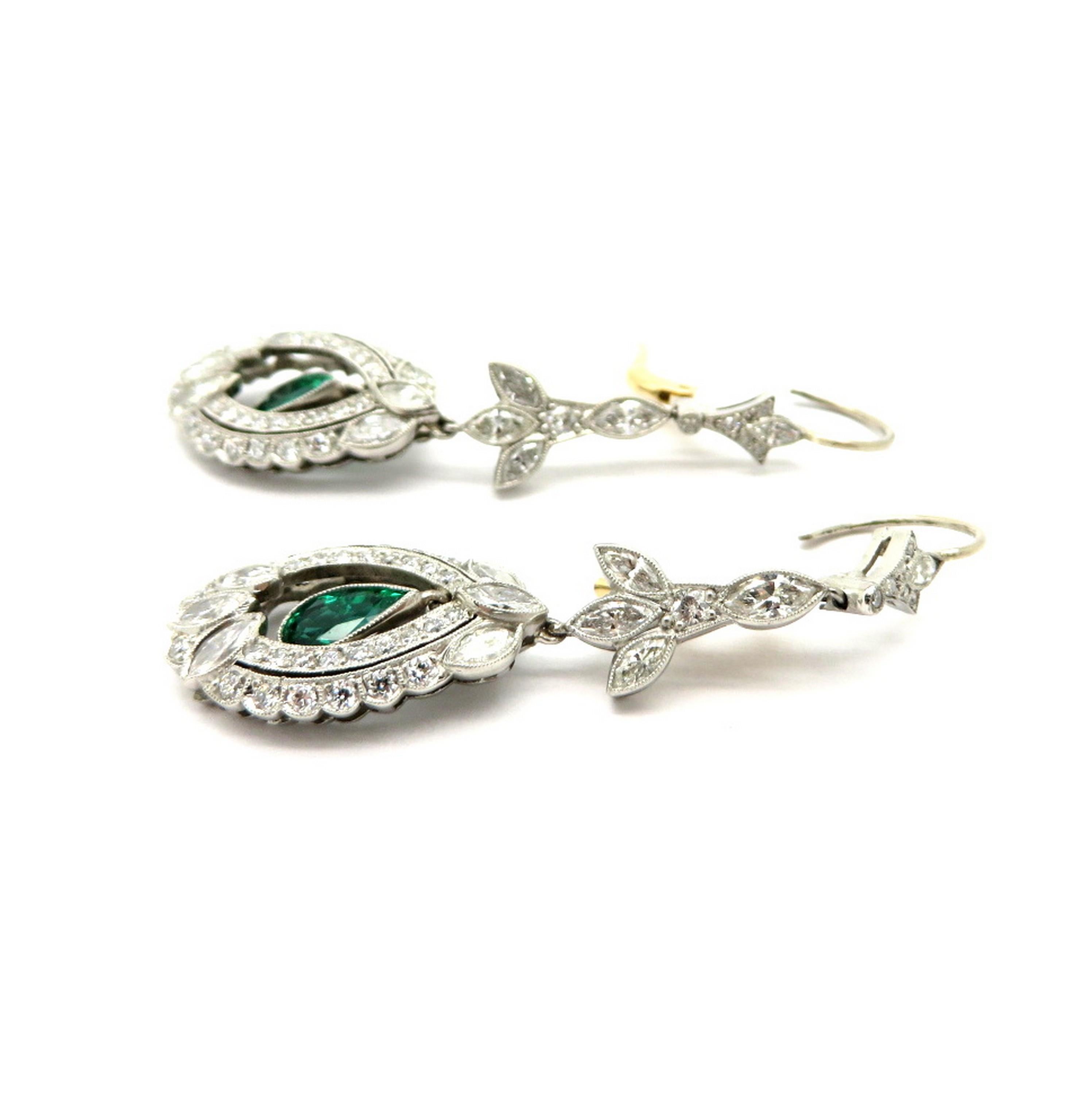 Art Deco Platinum and 14 Karat Gold Antique Old European Cut Emerald and Diamond Earrings For Sale