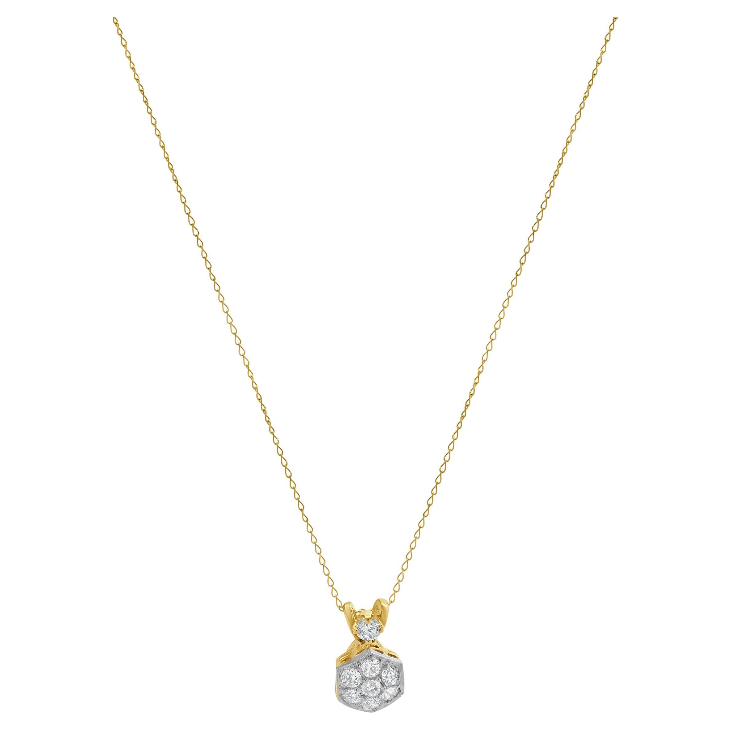 Halskette aus Platin und 14 Karat Gelbgold mit Diamanten im europäischen Schliff