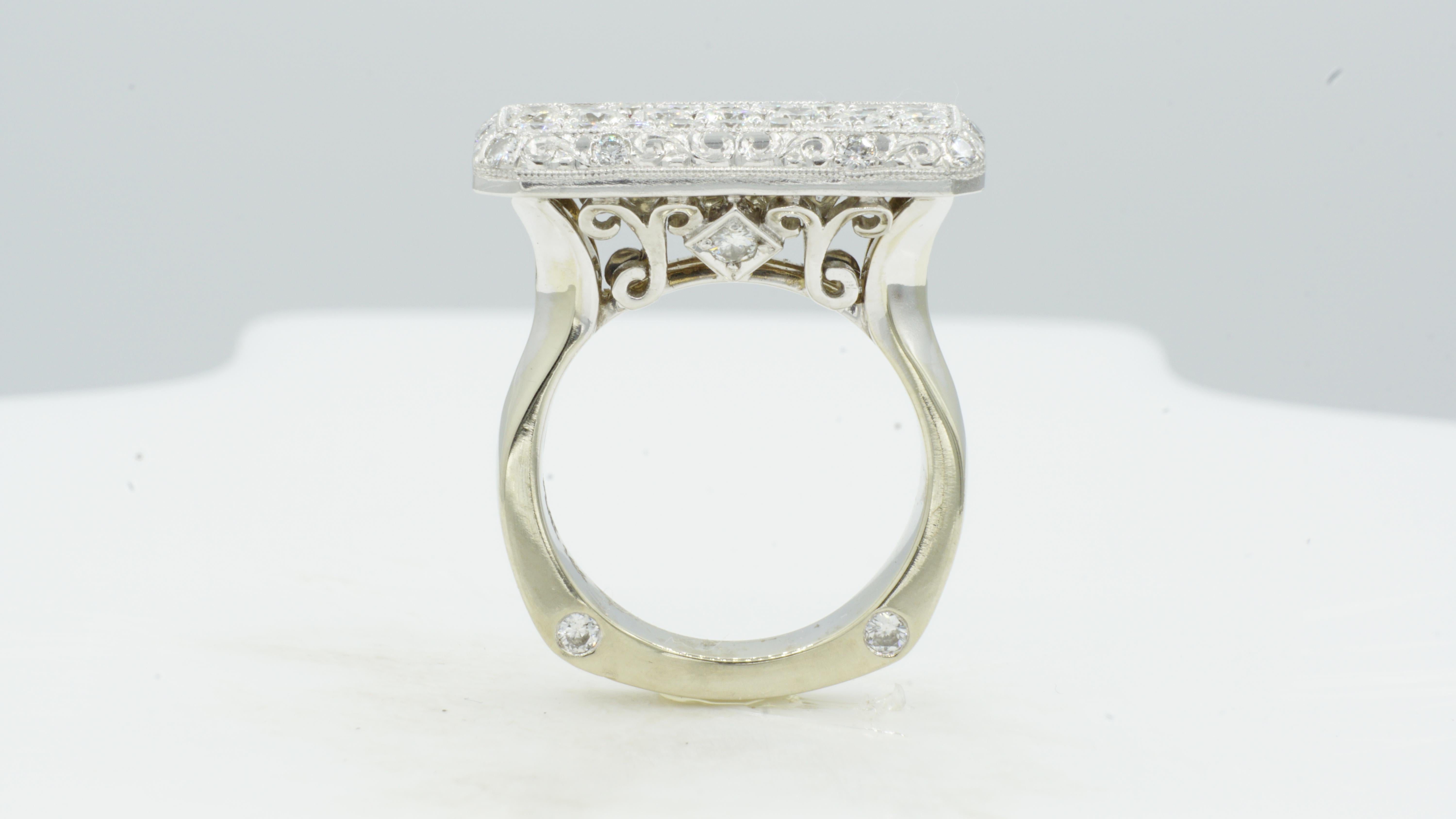Platinum & 14kt White Gold Diamond 1.23cttw Ring by Rock N Gold Creations. High quality pre-owned statement ring in excellent condition designed by Rock N Gold Creations. The top of the ring is platinum with three rows of bead set round brilliant