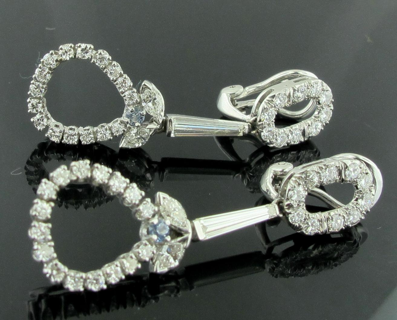 Round Cut Platinum and 14 Karat Gold Drop Diamond Earrings with 2.36 Total Diamond Weight