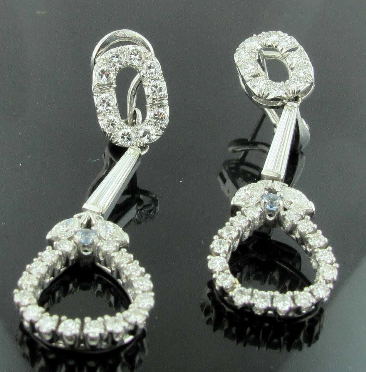 Platinum and 14 Karat Gold Drop Diamond Earrings with 2.36 Total Diamond Weight 1