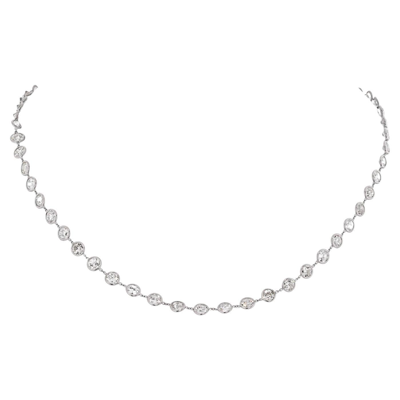 Platinum 15 Old European Cut Diamond By The Yard Chain Necklace For Sale