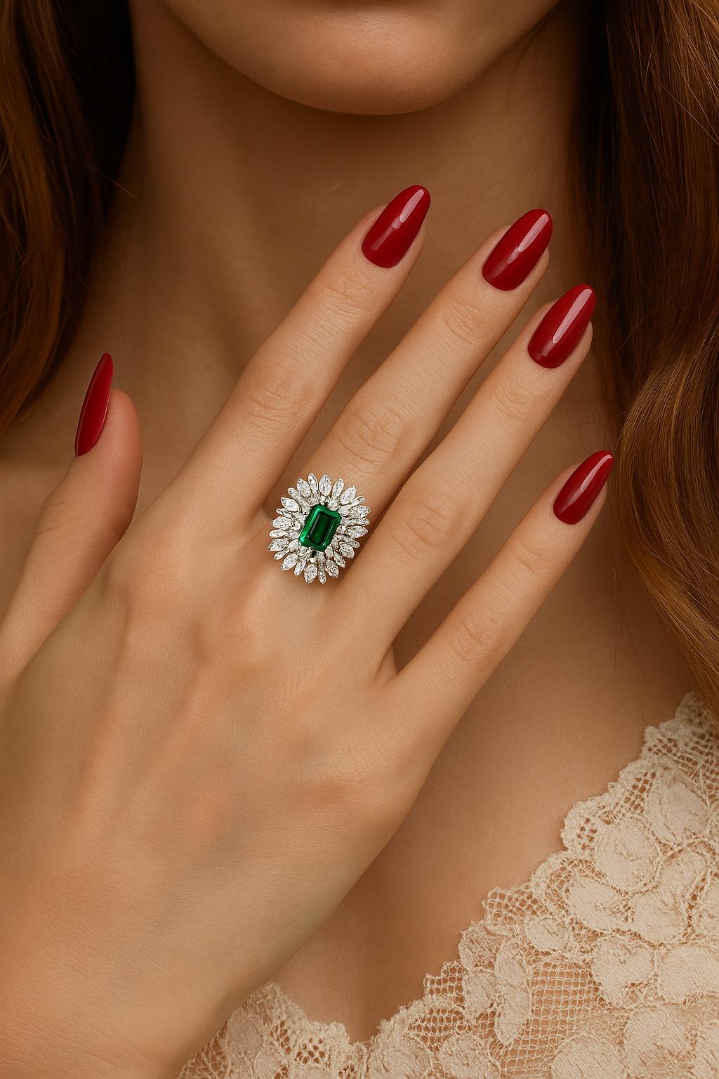 Cocktailring aus Platin mit 1,50 Karat Smaragd und 2,40 Karat Diamant

Ein exquisites und leuchtendes Schmuckstück, das die atemberaubende Brillanz von Smaragd und Diamant zur Geltung bringt. Das Herzstück ist ein 1,50-karätiger Smaragd im