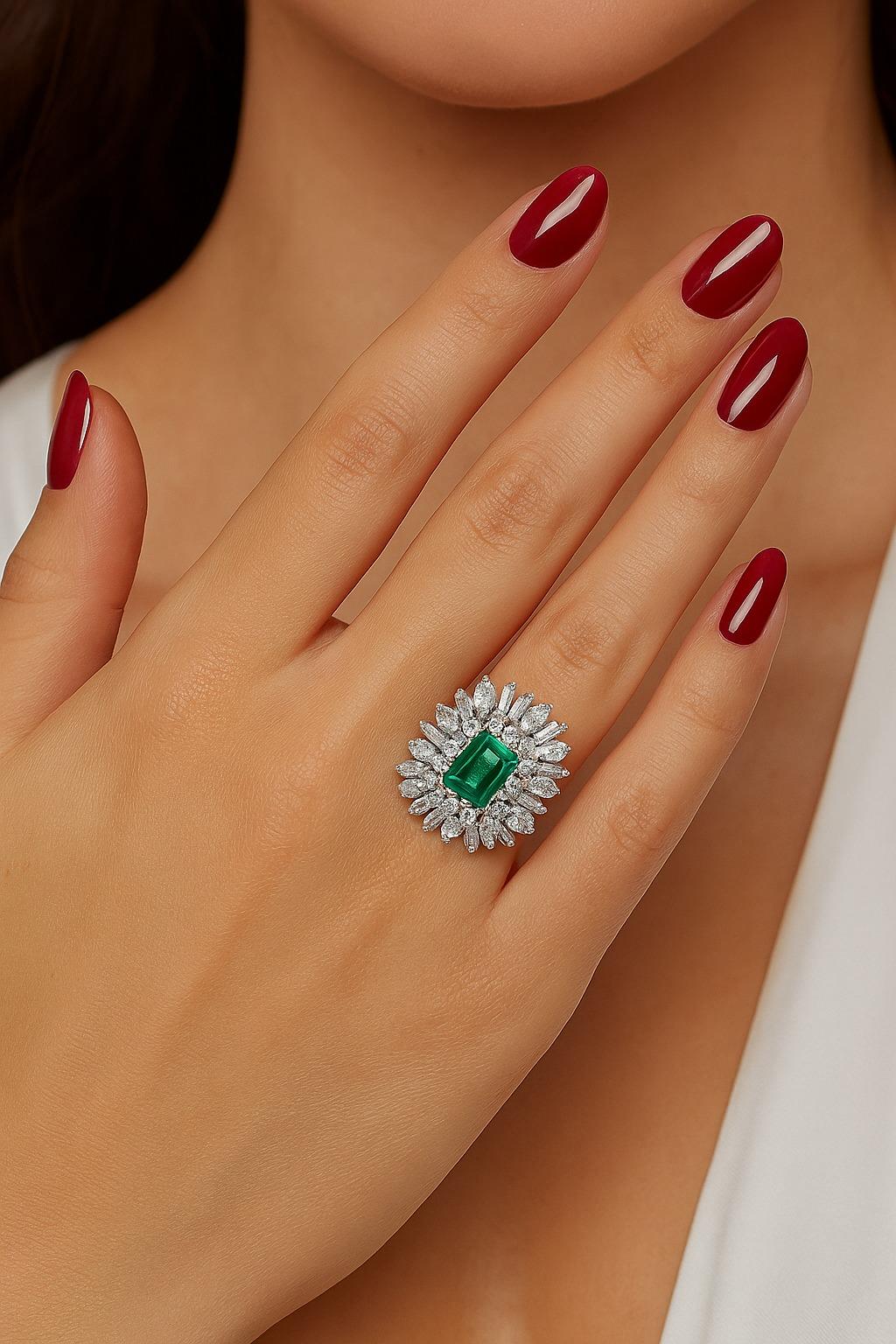 Cocktailring aus Platin mit 1,50 Karat Smaragd und 2,40 Karat Diamant (Smaragdschliff) im Angebot