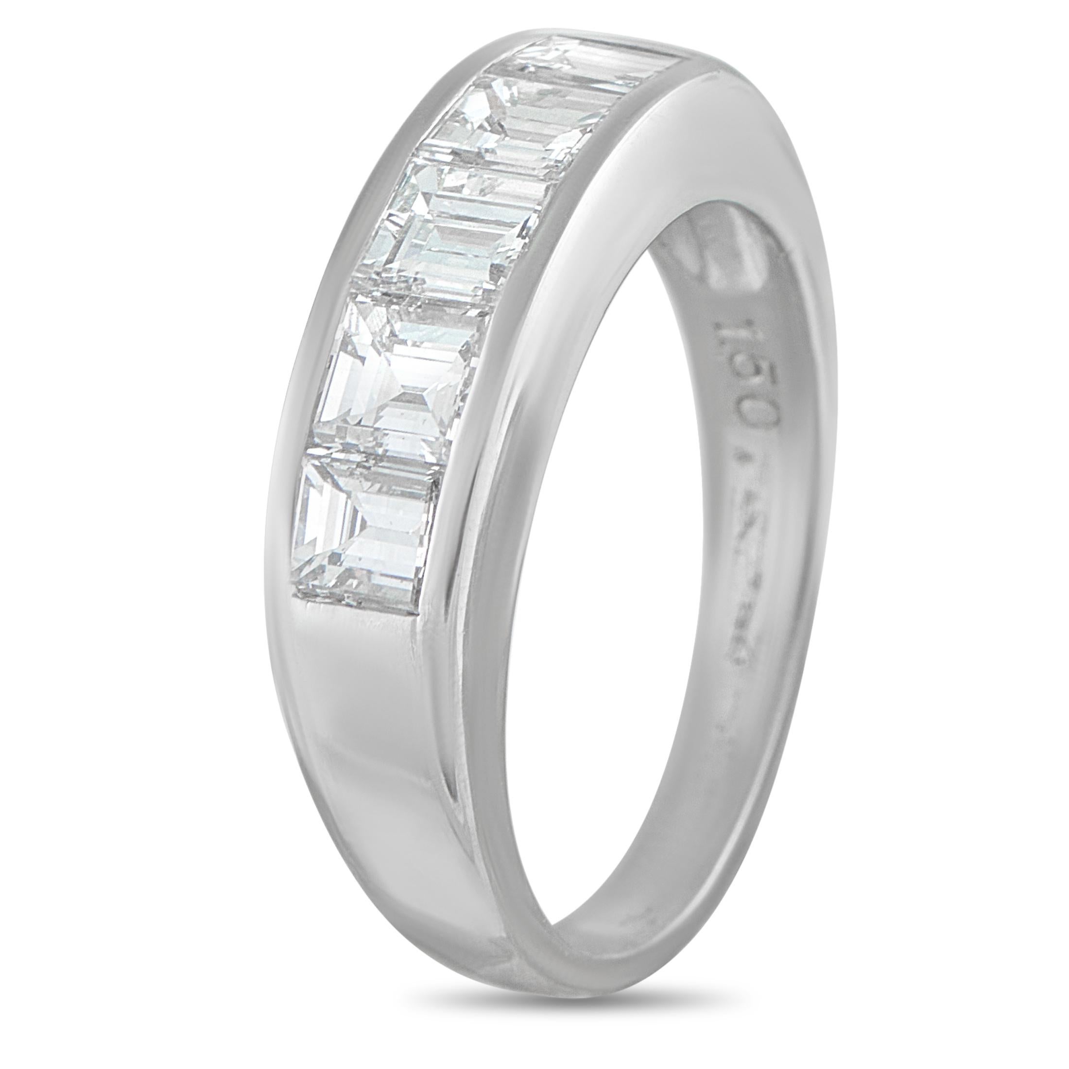 This luxury ring will look chic no matter if its worn alone or stacked with other pieces from your collection. A series of Diamonds totaling 1.50 carats shine brightly at the center of the understated design. Set in Platinum, it features a 2mm wide