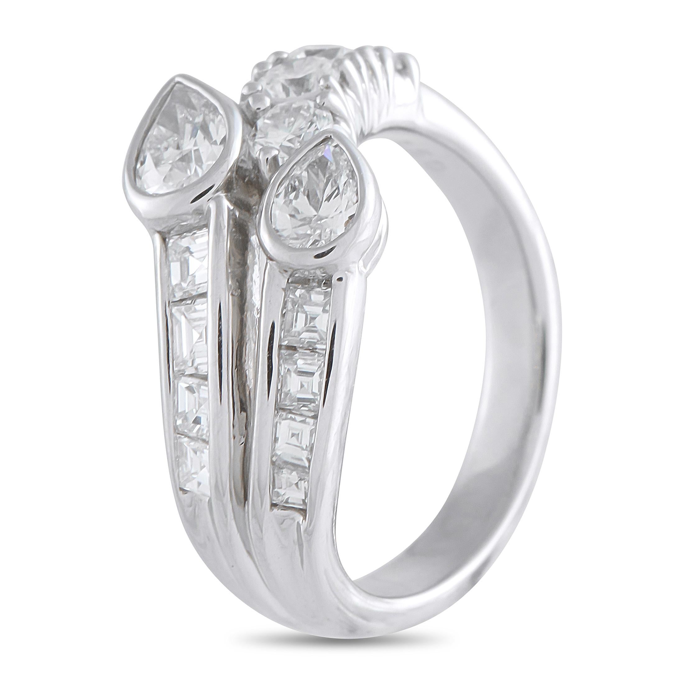 This luxury ring will add charm and sophistication to any outfit. The sleek Platinum setting beautifully showcases a creative array of Diamonds, which together possess a total weight of 1.50 carats. Understated enough for everyday wear, it features