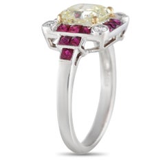 Platinum 1.50ct Fancy Light Yellow Diamond and Ruby Square Ring
