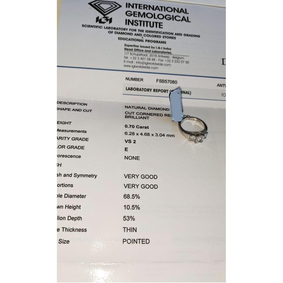 Platinum 1.50ct IGI Certified E Color Three Stone Diamond Ring For Sale 9