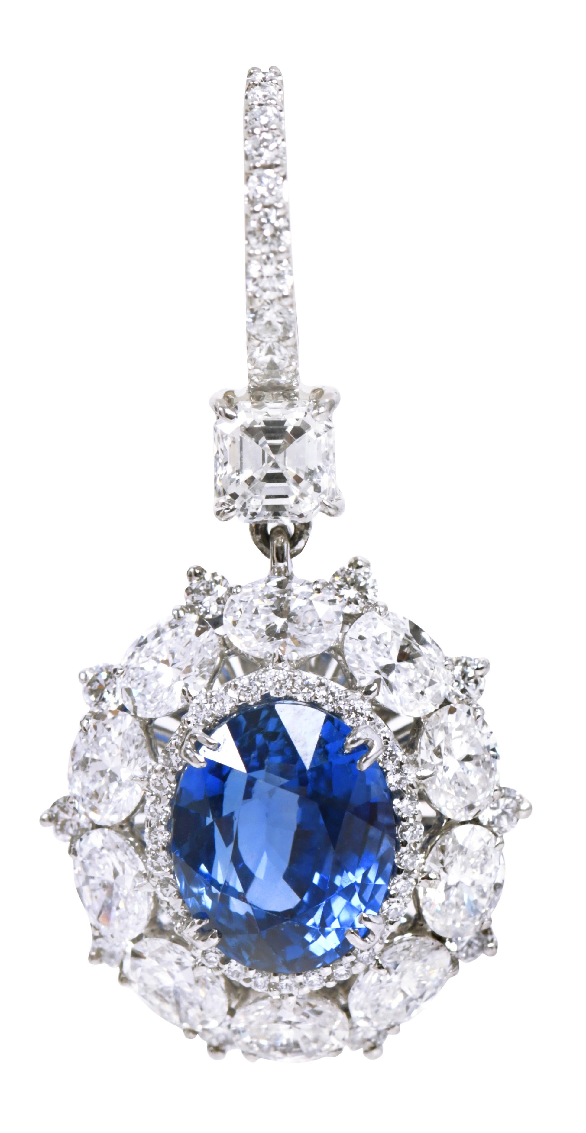 Contemporary Platinum 15.23 Carats Solitaire Diamond and Blue Sapphire Cocktail Earrings For Sale