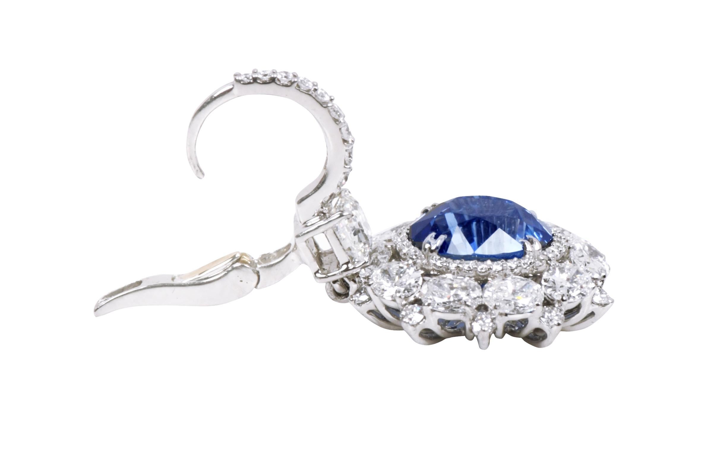 Oval Cut Platinum 15.23 Carats Solitaire Diamond and Blue Sapphire Cocktail Earrings For Sale