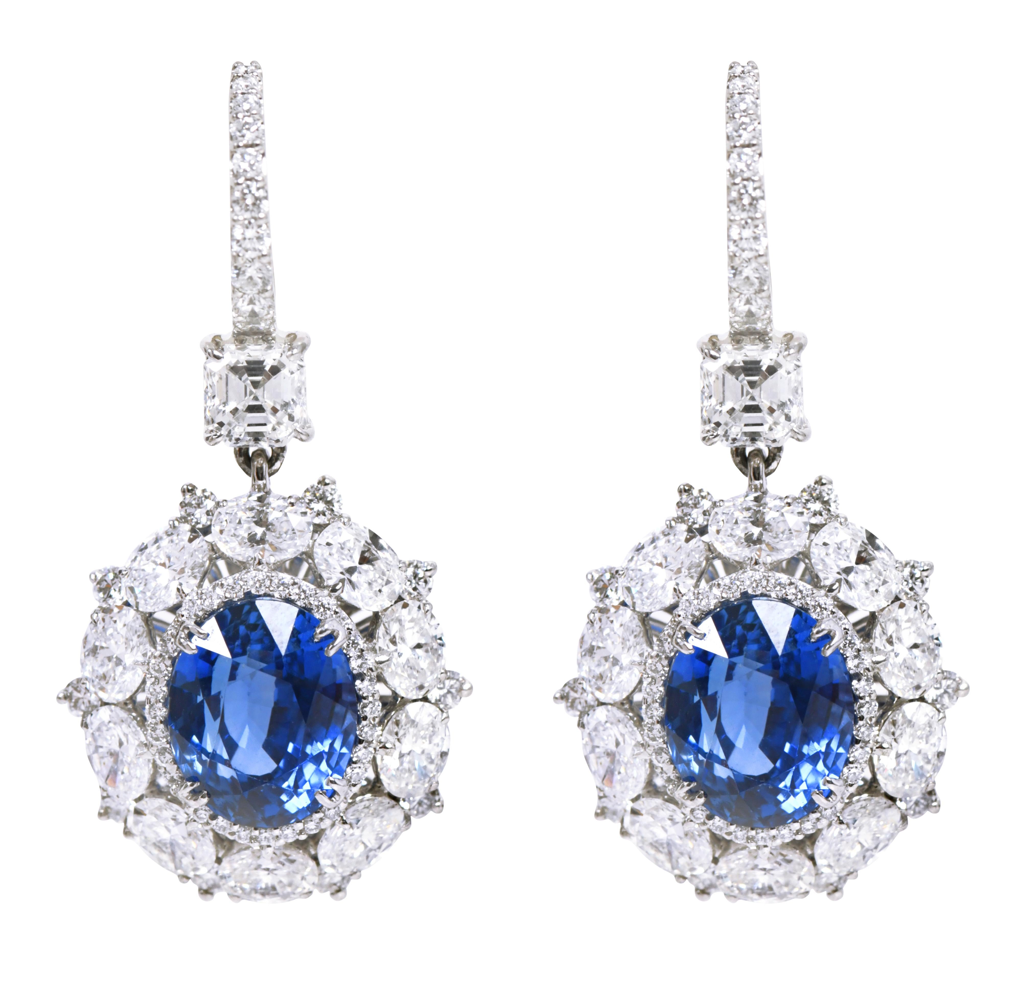 Platinum 15.23 Carats Solitaire Diamond and Blue Sapphire Cocktail Earrings In New Condition For Sale In Jaipur, IN