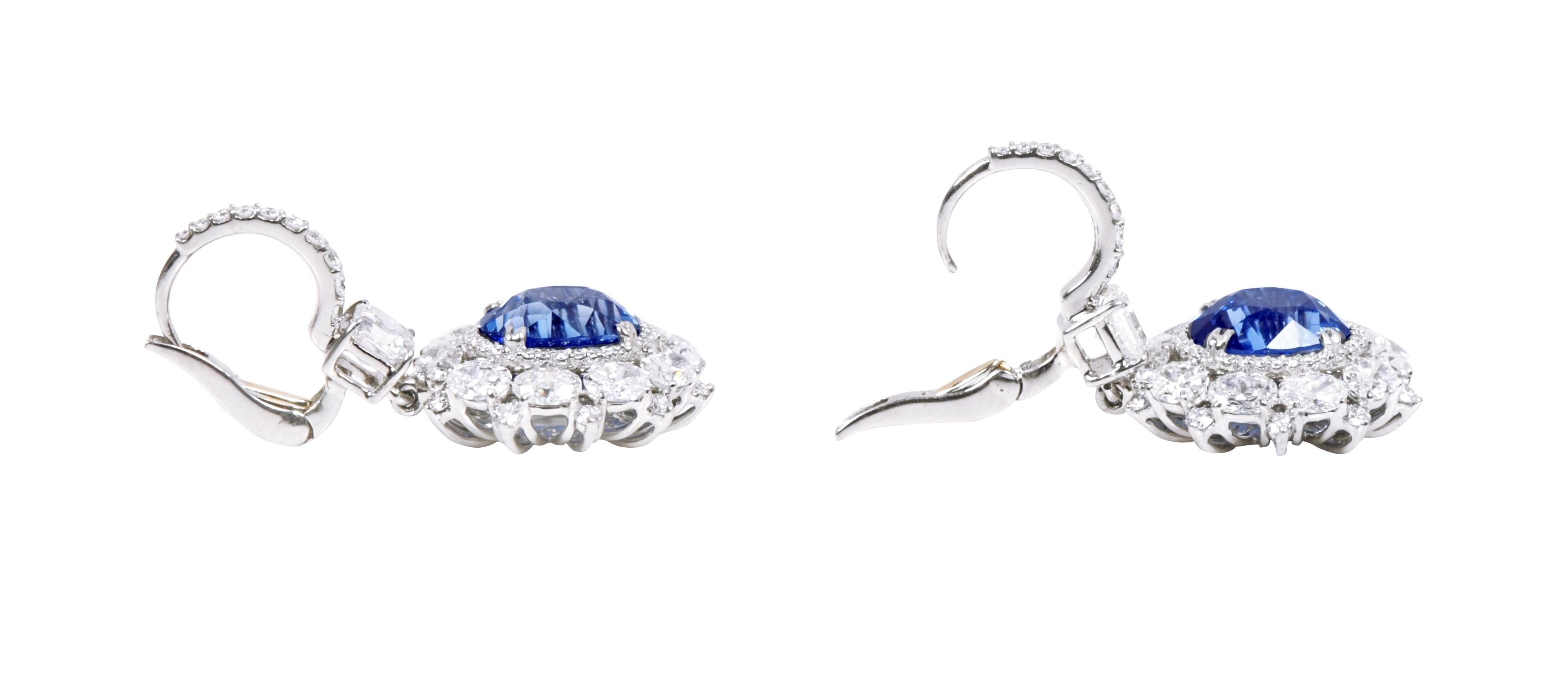 Women's Platinum 15.23 Carats Solitaire Diamond and Blue Sapphire Cocktail Earrings For Sale