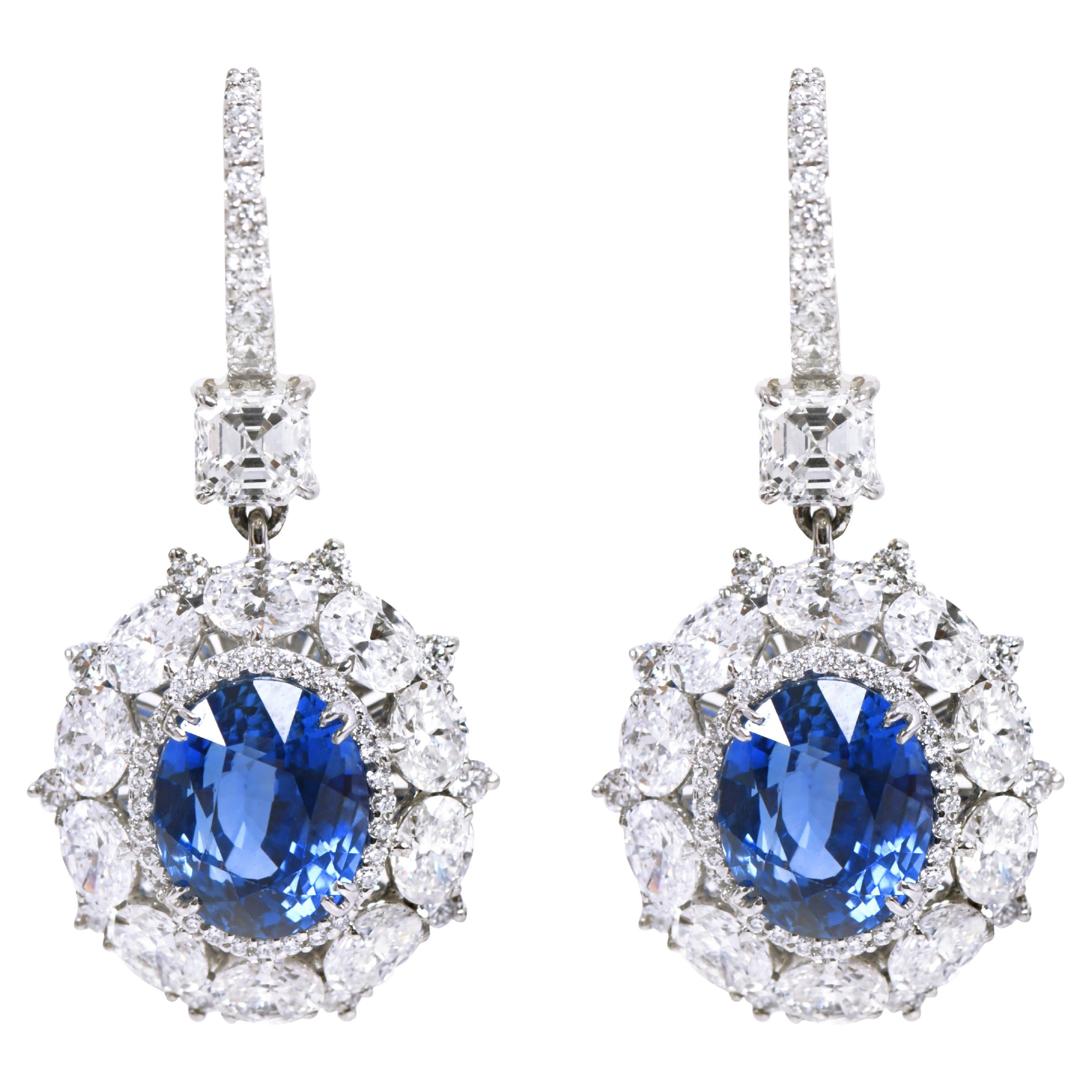 Platinum 15.23 Carats Solitaire Diamond and Blue Sapphire Cocktail Earrings For Sale