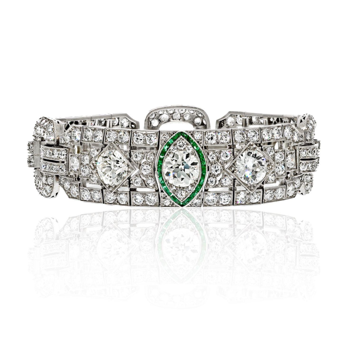 Round Cut Platinum 16.00cttw Art Deco Diamond And Green Emerald Bracelet For Sale