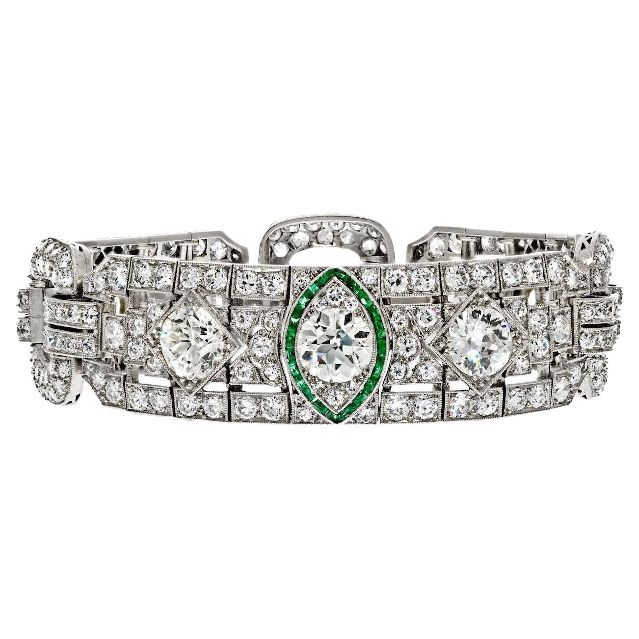 Bracelet Art déco en platine avec diamants et émeraudes vertes de 16,00 carats