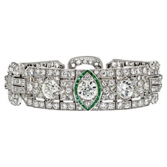Bracelet Art déco en platine avec diamants et émeraudes vertes de 16,00 carats