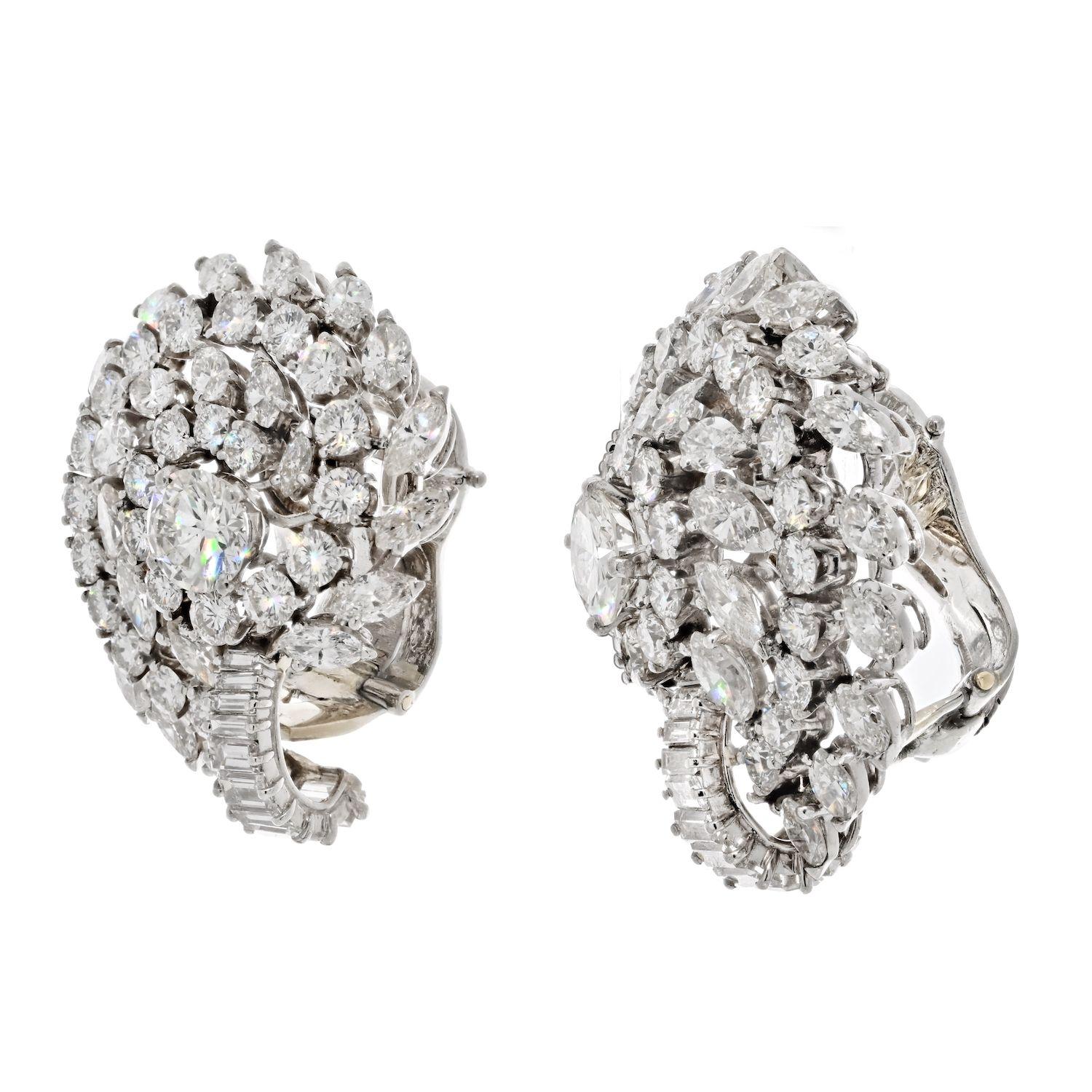 Round Cut Platinum 16.00cttw Cluster Diamond Clip Earrings For Sale