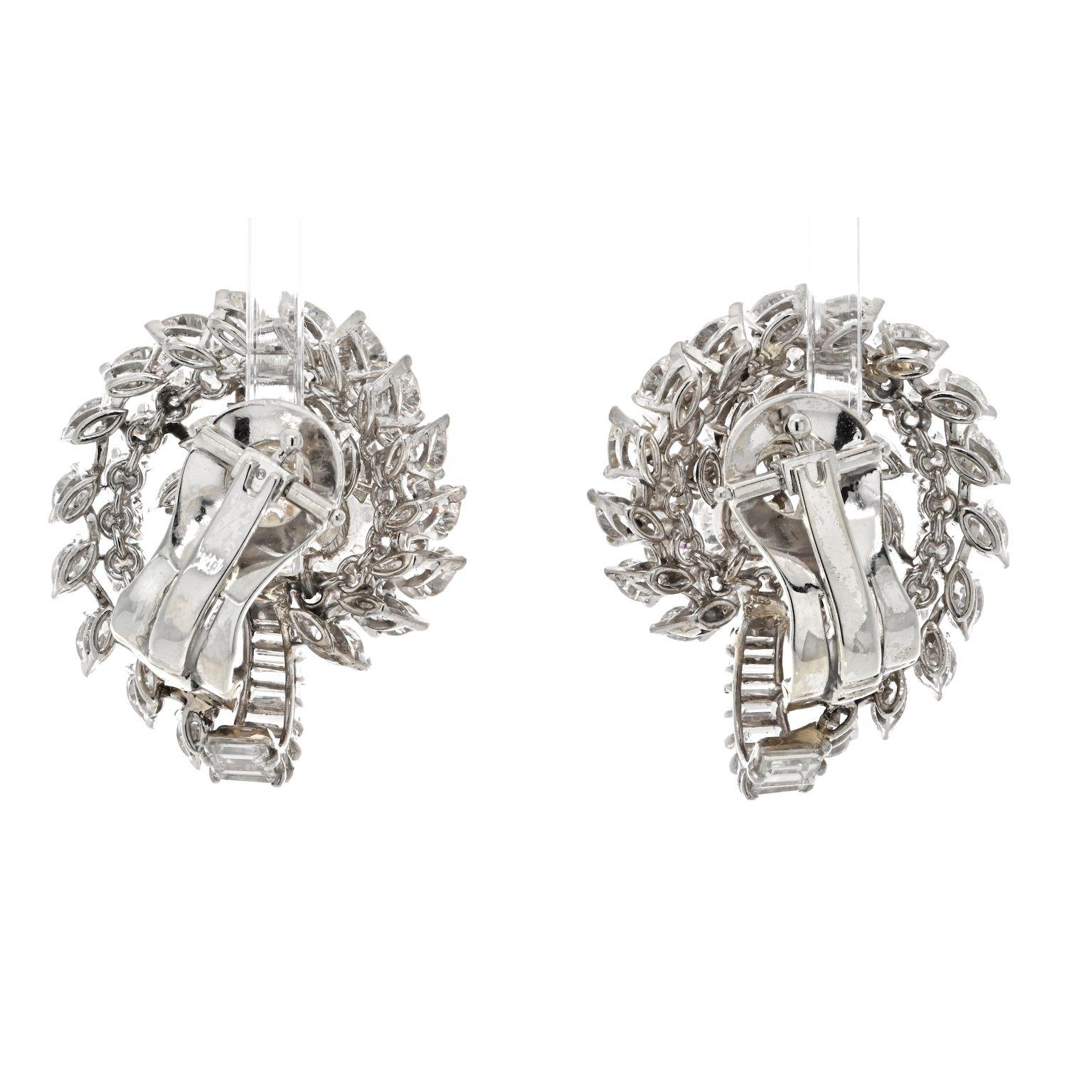 Platinum 16.00cttw Cluster Diamond Clip Earrings In Excellent Condition For Sale In New York, NY