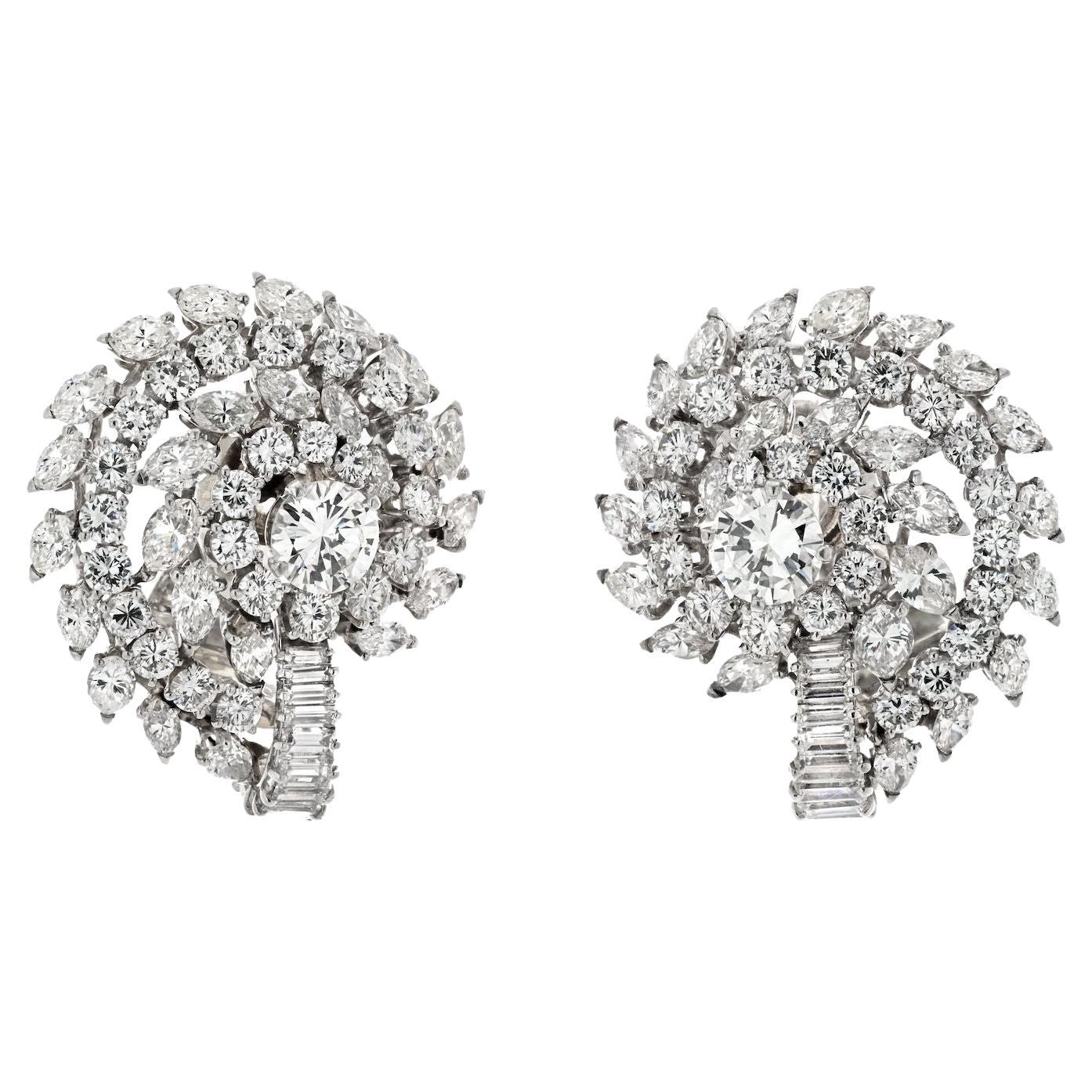 Platinum 16.00cttw Cluster Diamond Clip Earrings For Sale