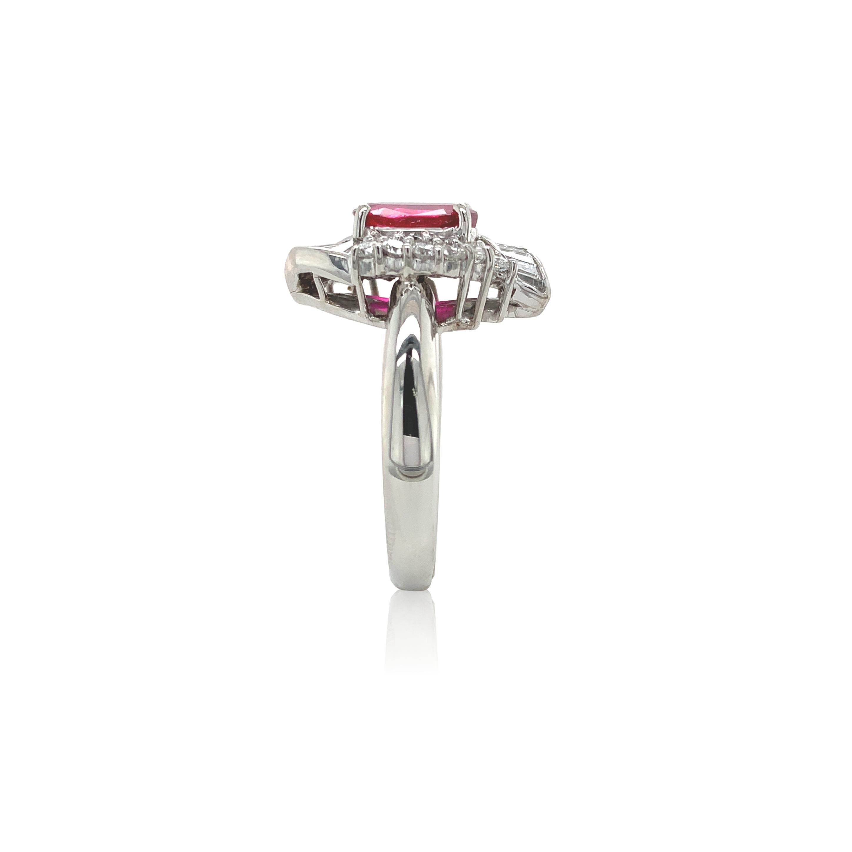 Oval Cut Platinum 1.62 carat Ruby Ring with .98cttw of Diamonds For Sale