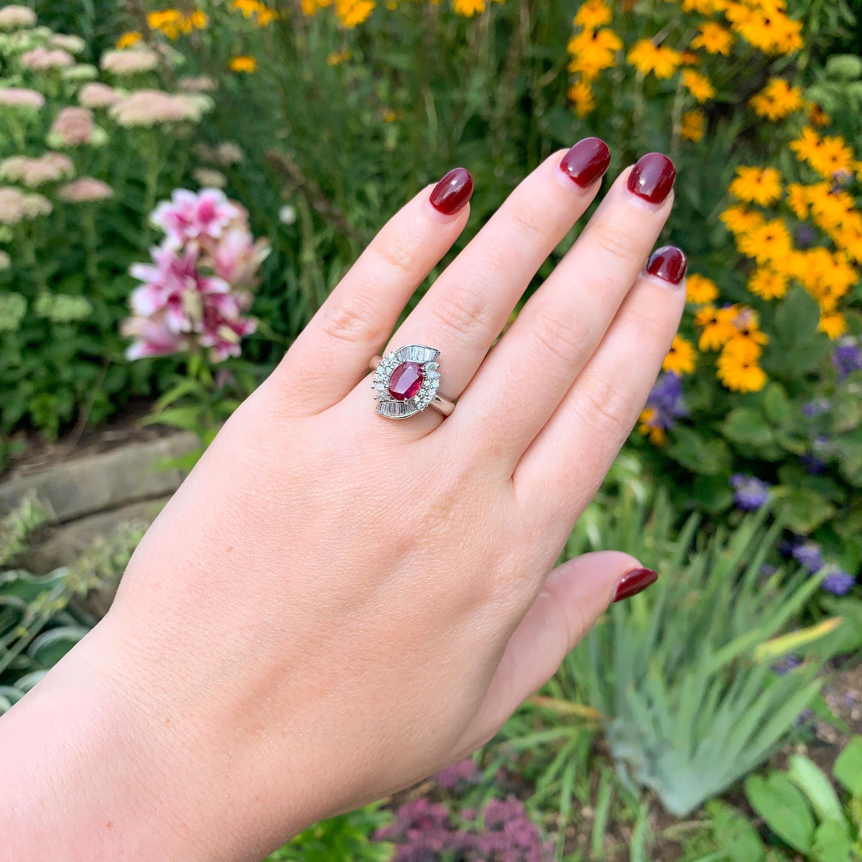 Women's Platinum 1.62 carat Ruby Ring with .98cttw of Diamonds For Sale