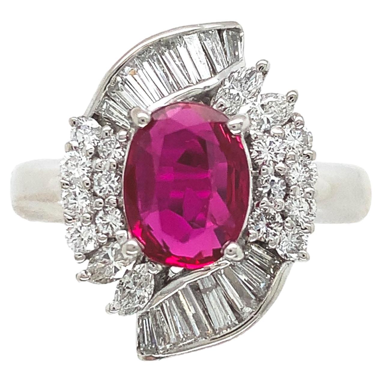 Platinum 1.62 carat Ruby Ring with .98cttw of Diamonds For Sale