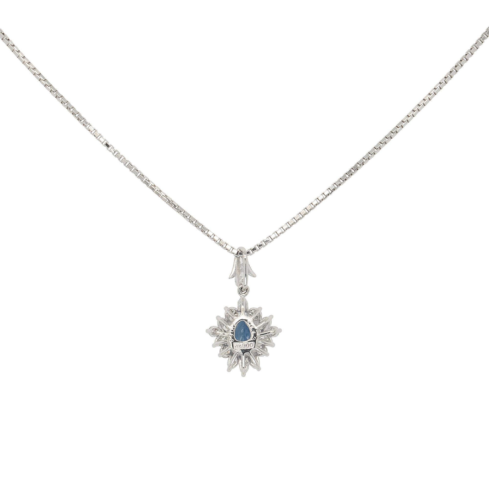 Pear Cut Platinum 1.63ctw Pear Shape Sapphire Natural Diamond Pendant Necklace For Sale