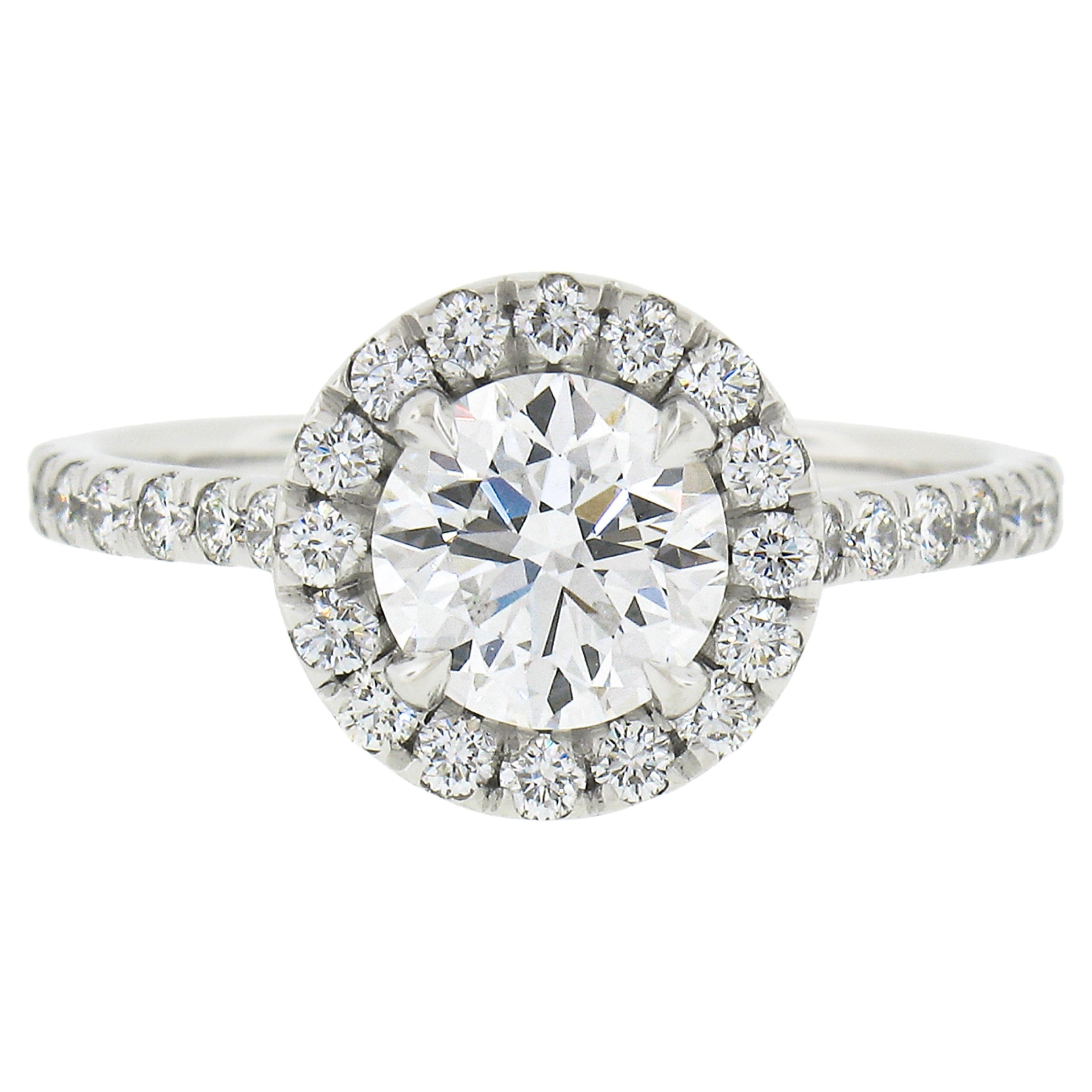 Platinum 1.65ctw E Flawless GIA Round Diamond Low Profile Halo Engagement Ring For Sale