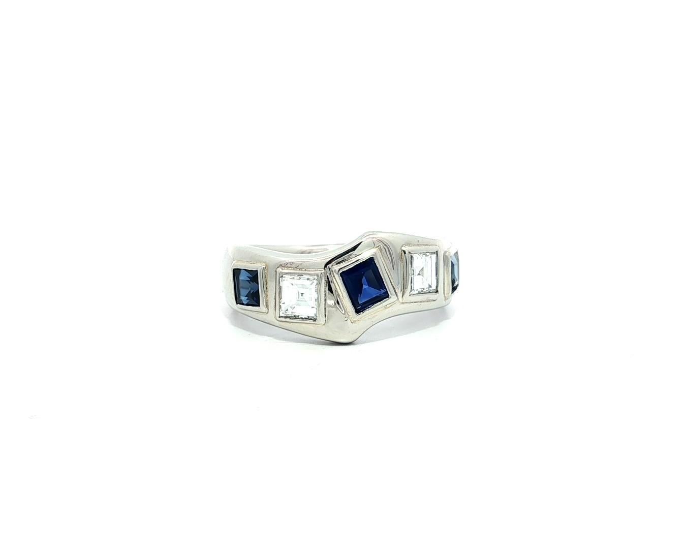 Platinum 1.66ctw Bezel Square Step Cut Sapphire & Diamond Wavy Band Ring