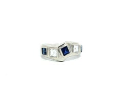 Platinum 1.66ctw Bezel Square Step Cut Sapphire & Diamond Wavy Band Ring