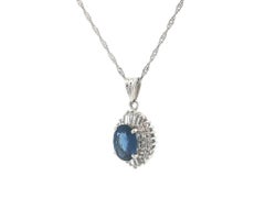 Platinum 1.68ctw Oval Rich Blue Sapphire Diamond Halo Pendant Adjustable Chain
