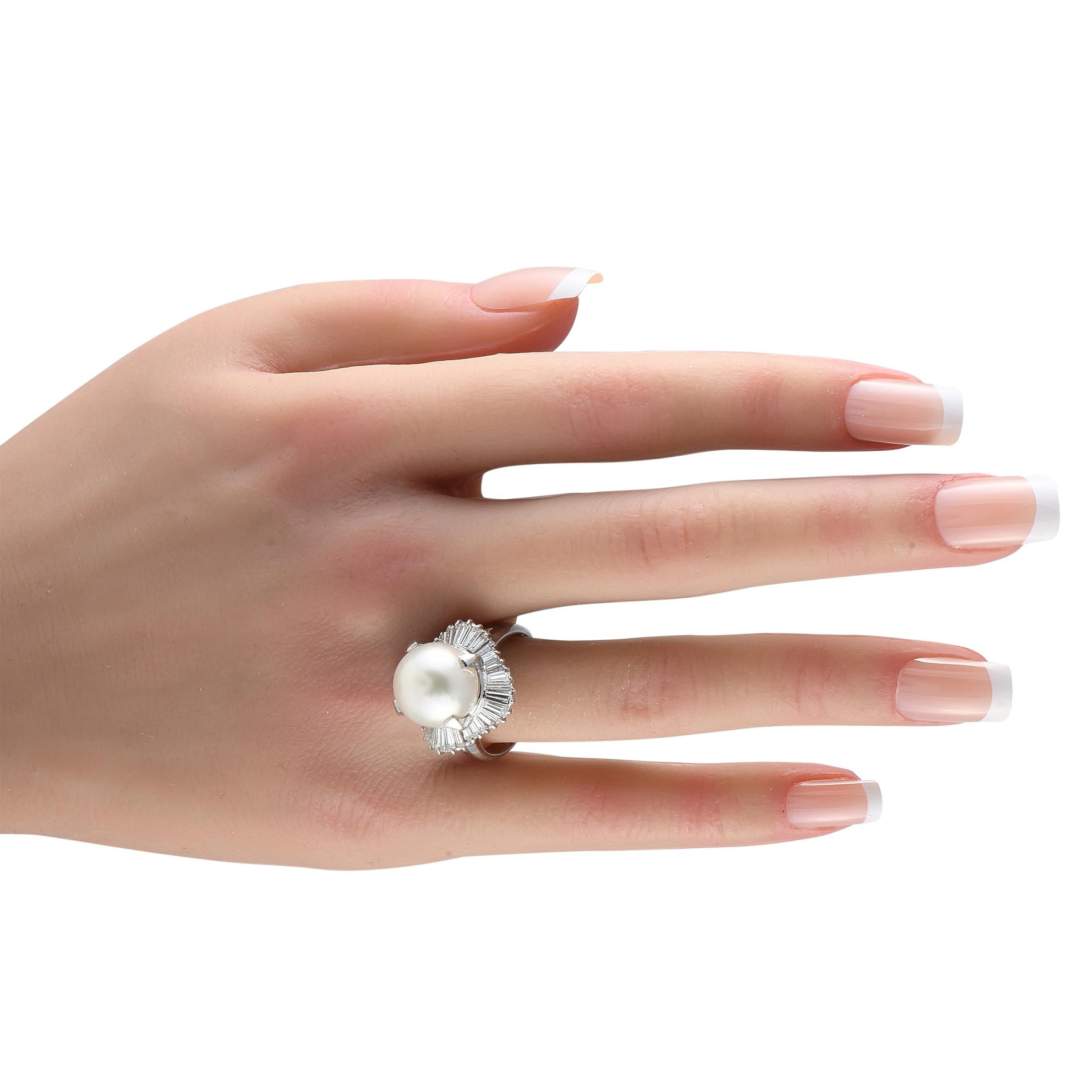 Baguette Cut Platinum 1.69ct Diamond and Pearl Ring For Sale