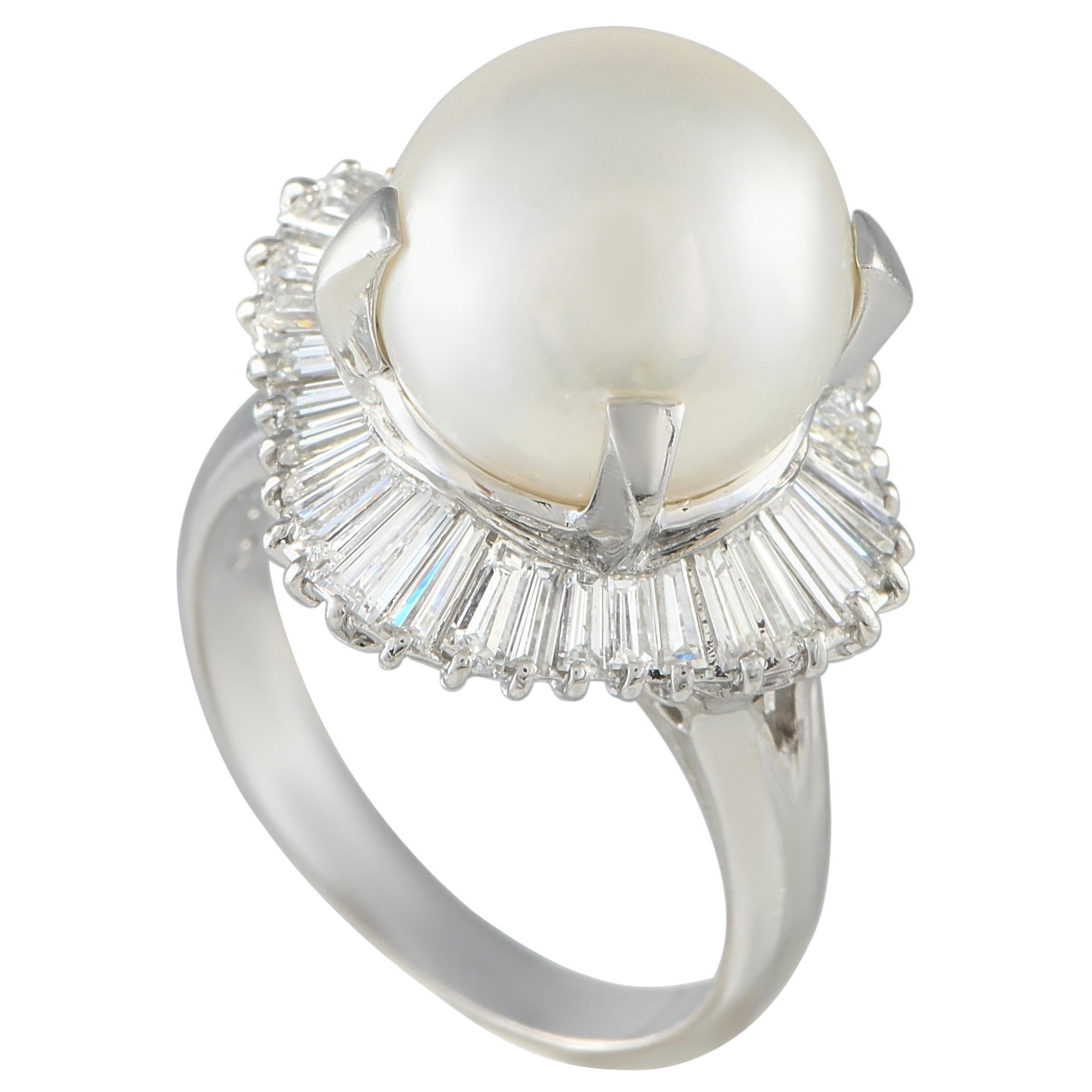 Platinum 1.69ct Diamond and Pearl Ring For Sale