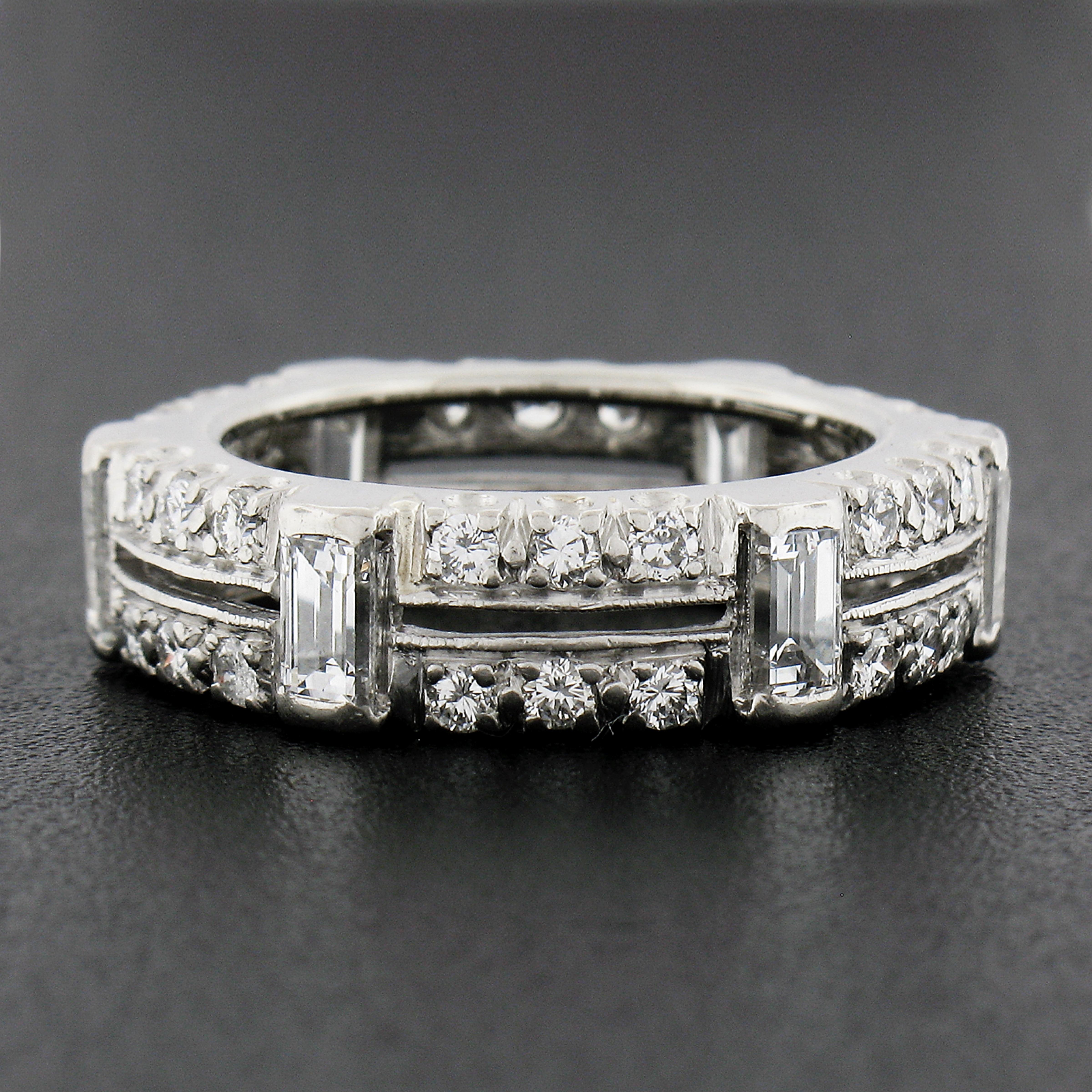 Art Deco Platinum 1.6ctw Baguette Round Diamond Dual Row Eternity Wedding Stack Band Ring