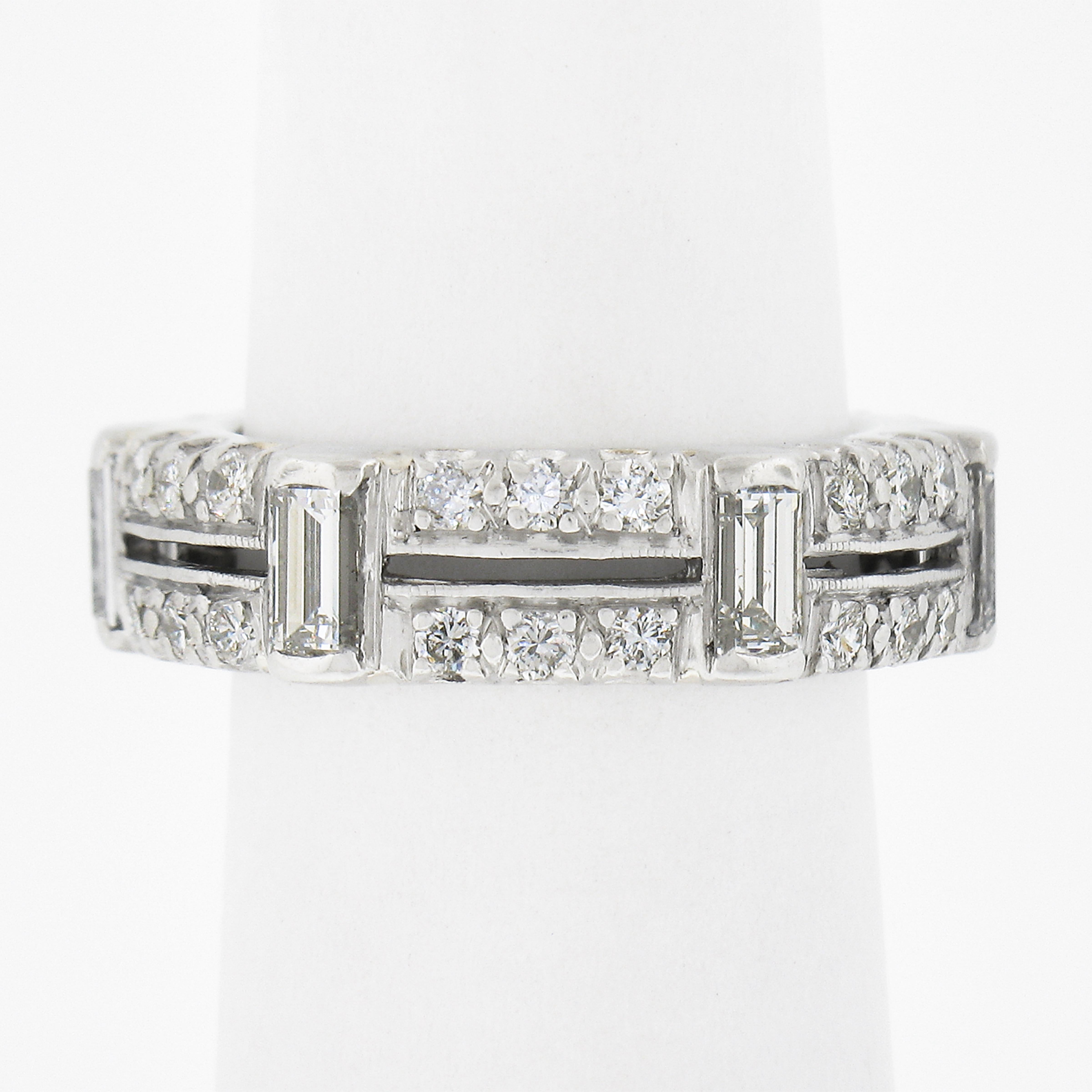 Platinum 1.6ctw Baguette Round Diamond Dual Row Eternity Wedding Stack Band Ring In Good Condition In Montclair, NJ